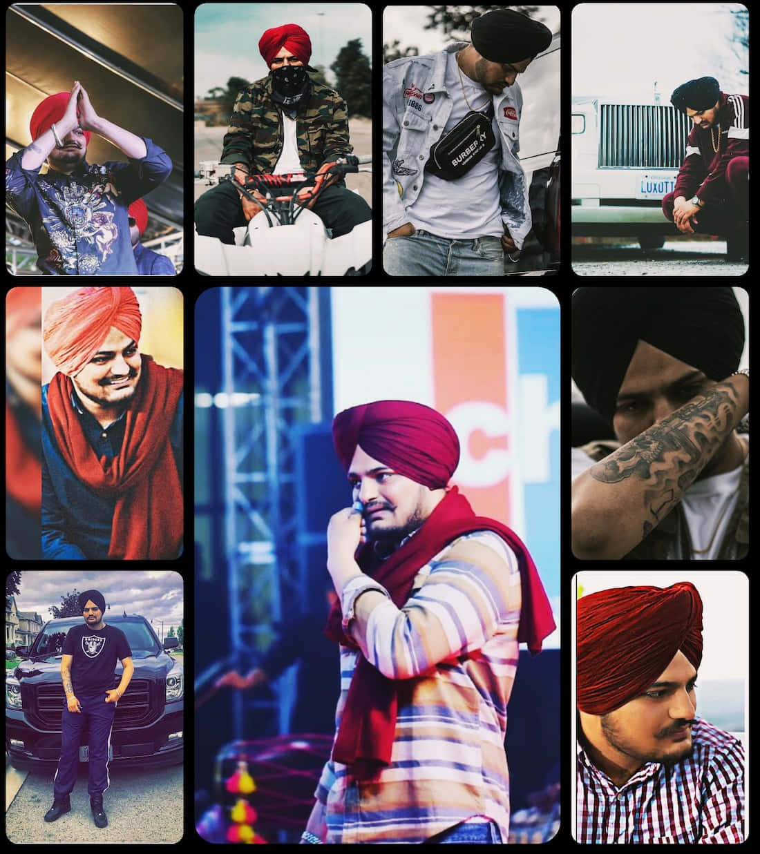 Sidhu Moose Wala 桌布 壁紙 — 一個充滿活力的拼貼畫，展示一個男人以各種姿勢和服裝出現，全部戴著紅色頭巾。