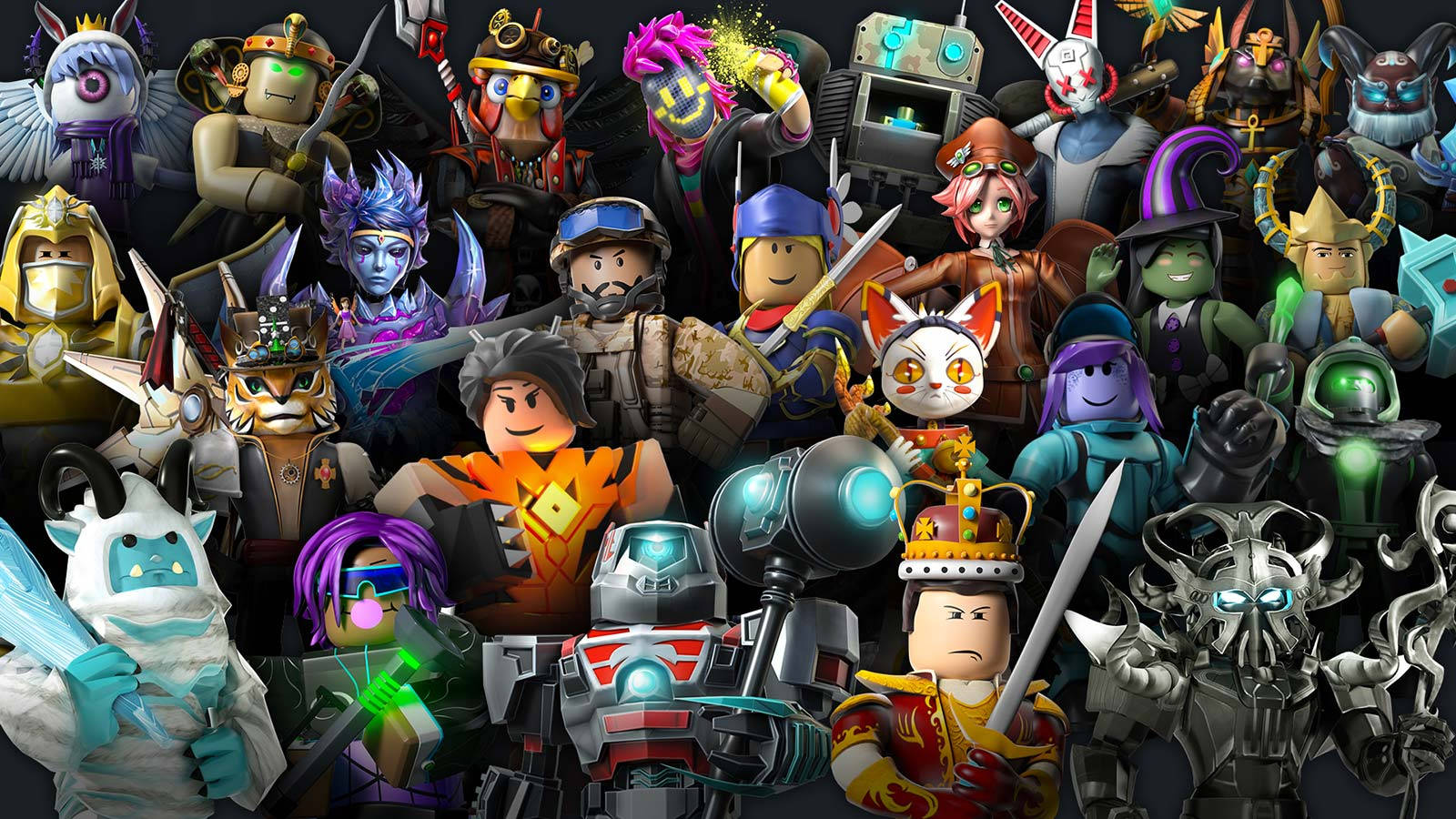 遊戲 桌布 壁紙 — 一個充滿活力的拼貼畫，展示各種Roblox頭像在動態姿勢中，配以發光武器和色彩繽紛的服裝，背景為深色。