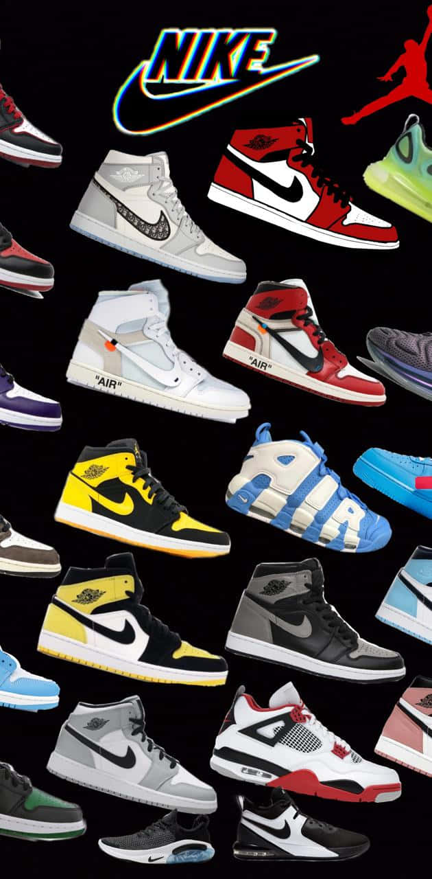 運動鞋 桌布 壁紙 — 一個充滿活力的拼貼畫，展示標誌性的Nike和Jordan運動鞋漂浮在黑色背景上，帶有發光的標誌。