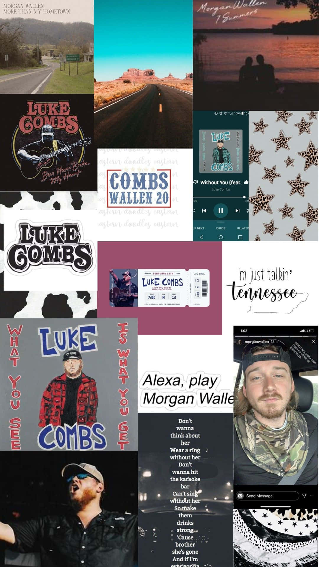 Morgan Wallen 桌布 壁紙 — 一個充滿活力的拼貼畫，慶祝 Luke Combs 和 Morgan Wallen，包含演唱會門票、歌詞、專輯藝術和風景優美的道路圖像。