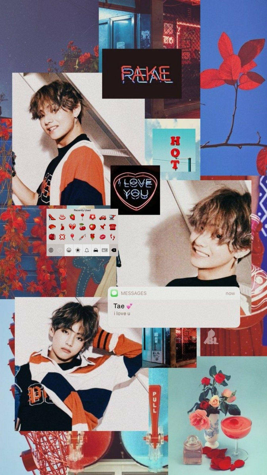 kim taehyung 桌布 壁紙 — 一個充滿活力的拼貼畫，描繪一位微笑的年輕男子穿著橙色和黑色服裝，周圍環繞著紅花、霓虹燈和浪漫的數位訊息。