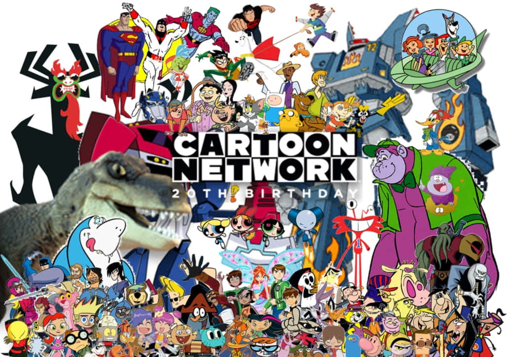 Cartoon Poster 桌布 壁紙 — 一個充滿活力的拼貼畫，描繪了標誌性的Cartoon Network角色，以動態姿勢和大膽色彩慶祝該網絡的20歲生日。