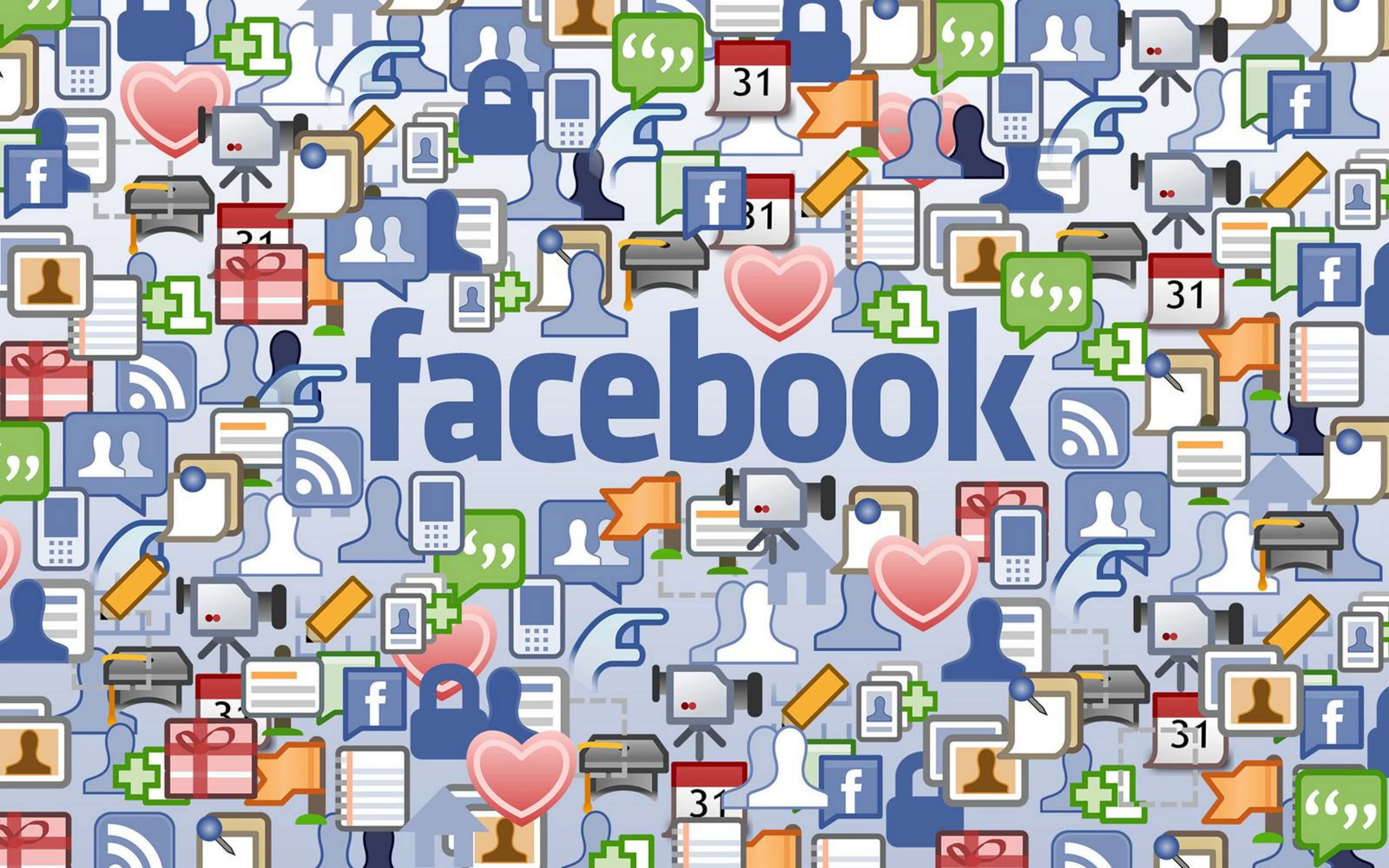 4K Social Media 桌布 壁紙 — 一個充滿活力的拼貼畫，由Facebook圖標和符號密集地圍繞著中央的Facebook標誌組成。