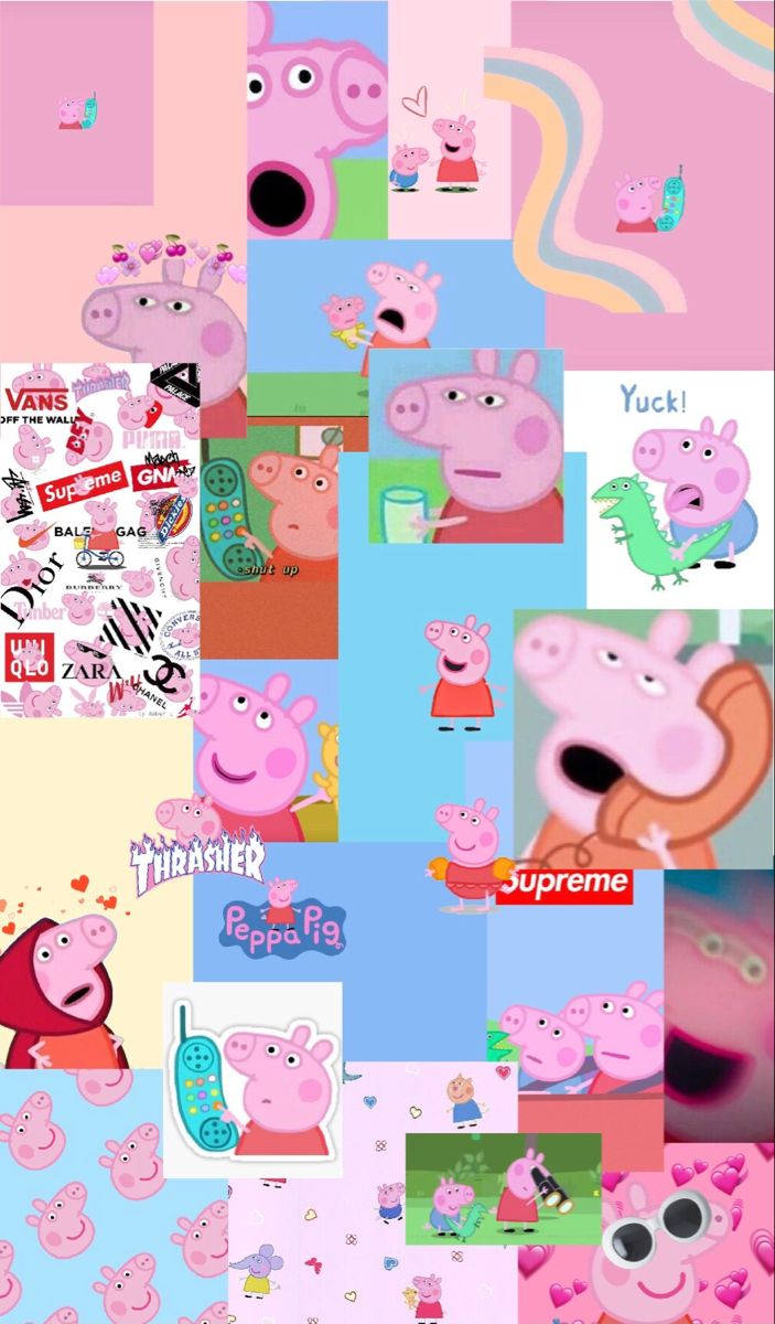 peppa pig iPhone 桌布 壁紙 — 一個充滿活力的拼貼畫，融合了 Peppa Pig 卡通場景、街頭服飾品牌標誌和色彩繽紛的抽象形狀。