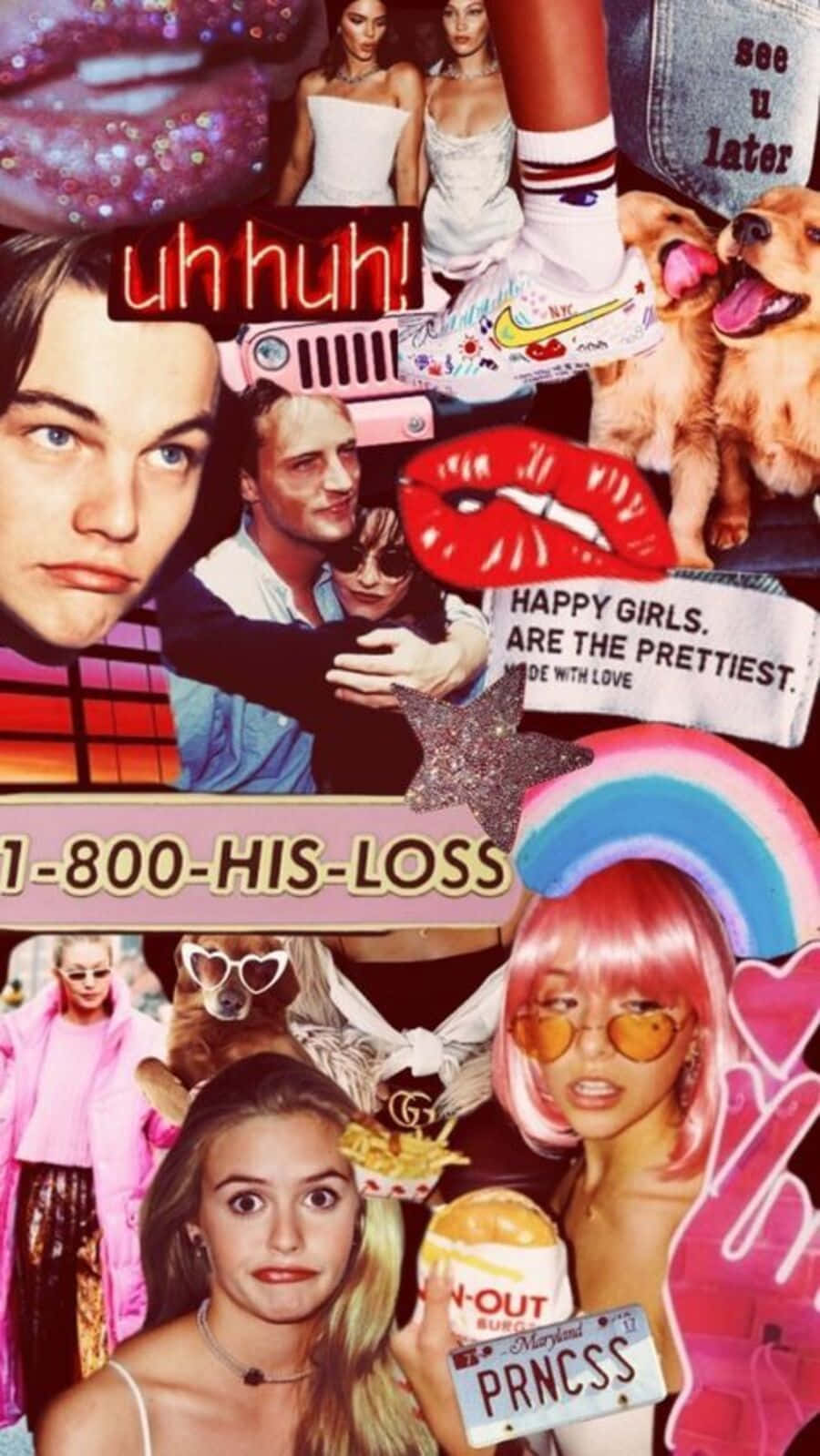 Baddie Vintage 90's Aesthetic 桌布 壁紙 — 一個充滿活力的拼貼畫，融合了流行文化偶像、時尚、寵物和粗體文字元素，營造出混亂而年輕的美學。