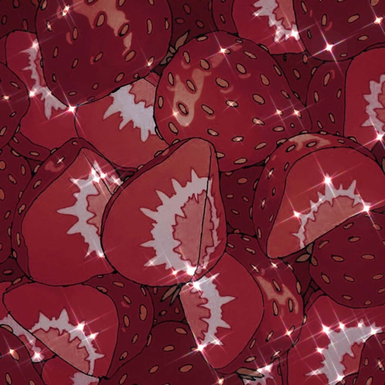 Pastel Red Aesthetic 桌布 壁紙 — 一個充滿活力的插圖，描繪了帶有白色內部及閃亮高光的亮紅色草莓。