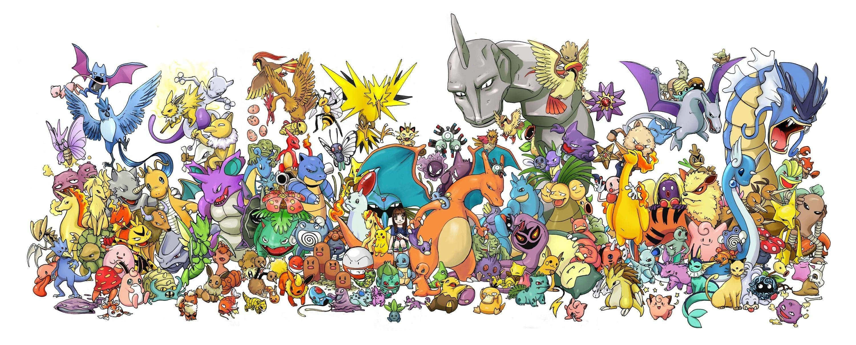 Pokemon Posters 桌布 壁紙 — 一個充滿活力的收藏，包含各種不同的寶可夢角色，聚集在色彩繽紛、卡通風格的插圖中。