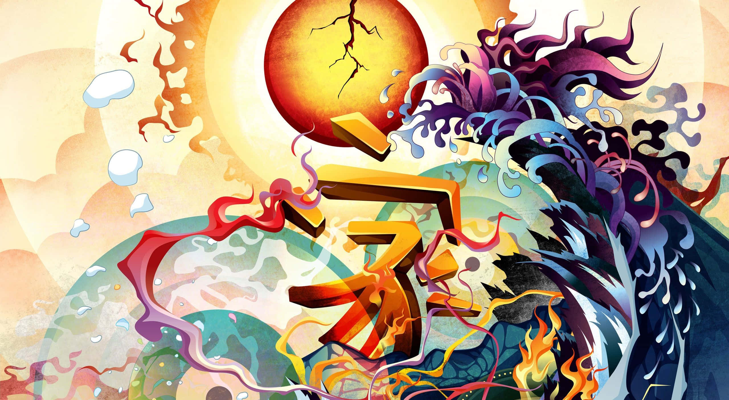 Painting 桌布 壁紙 — 一個充滿活力的數位插圖，描繪了一個風格化的漢字，周圍環繞著旋轉的火焰、水和一個破裂的太陽。