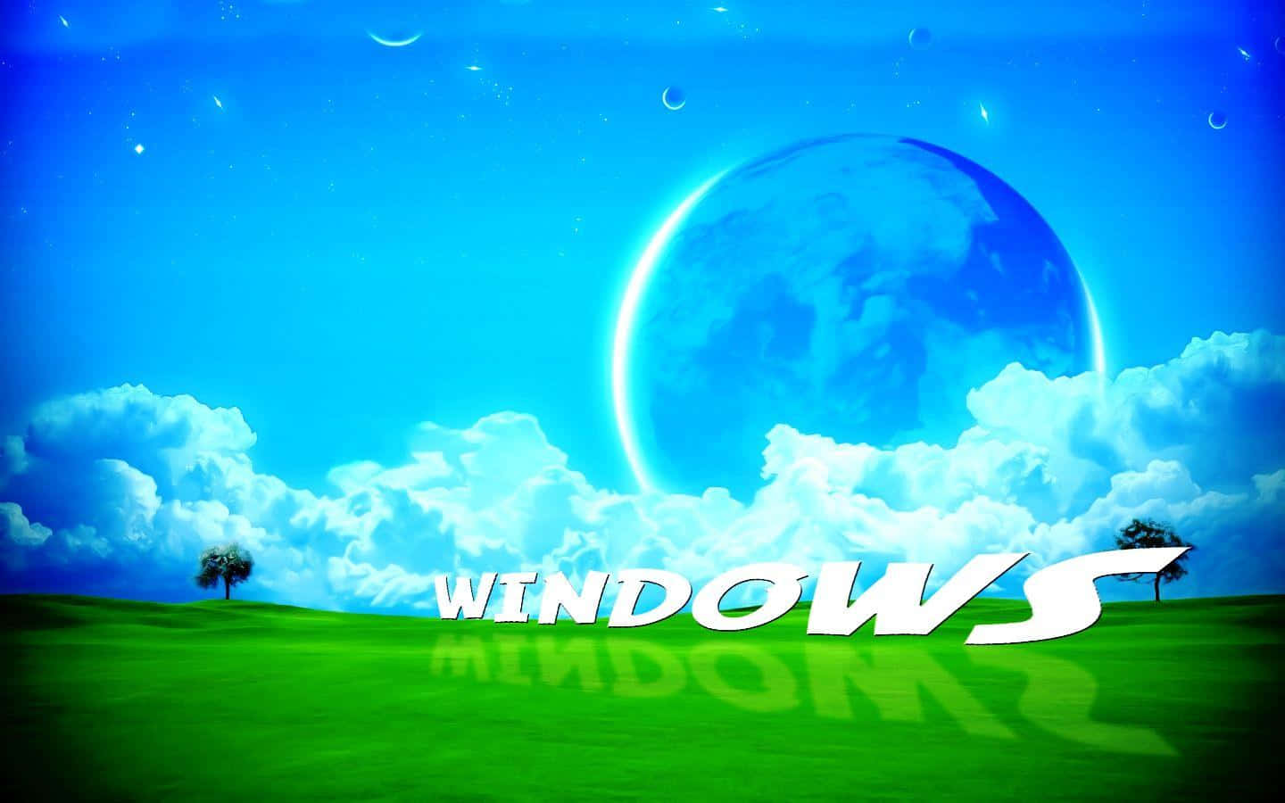 Animated Desktop 桌布 壁紙 — 一個充滿活力的數位景觀，巨大的藍色月亮從綠色山丘和蓬鬆的雲層中升起，並突出顯示 WINDOWS 這個詞。