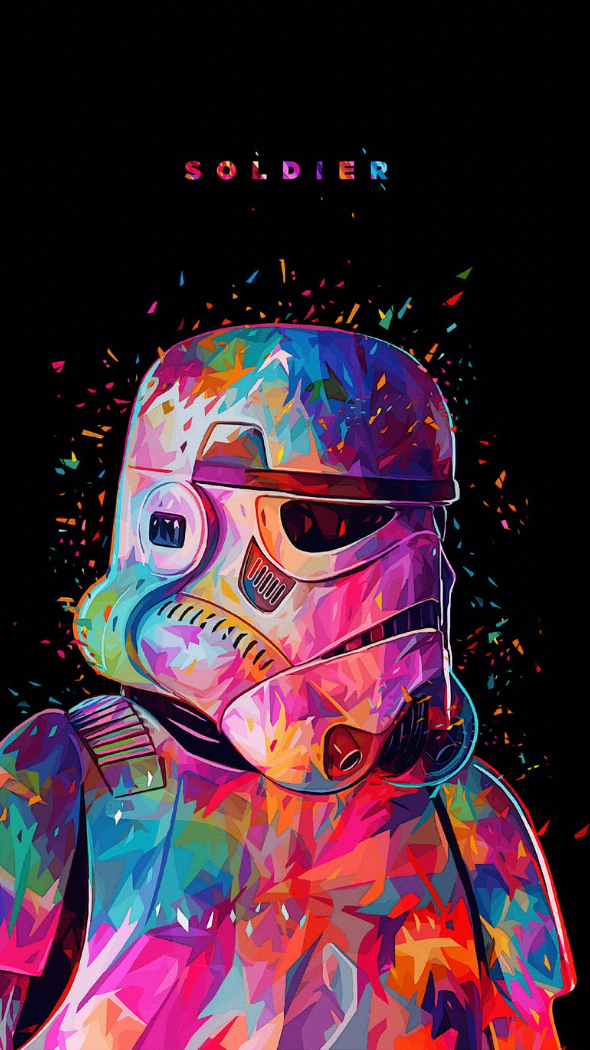 白兵 桌布 壁紙 — 一個充滿活力的數位藝術肖像，描繪一個被彩虹色潑濺的風暴兵頭盔，背景為黑色並有五彩紙屑。