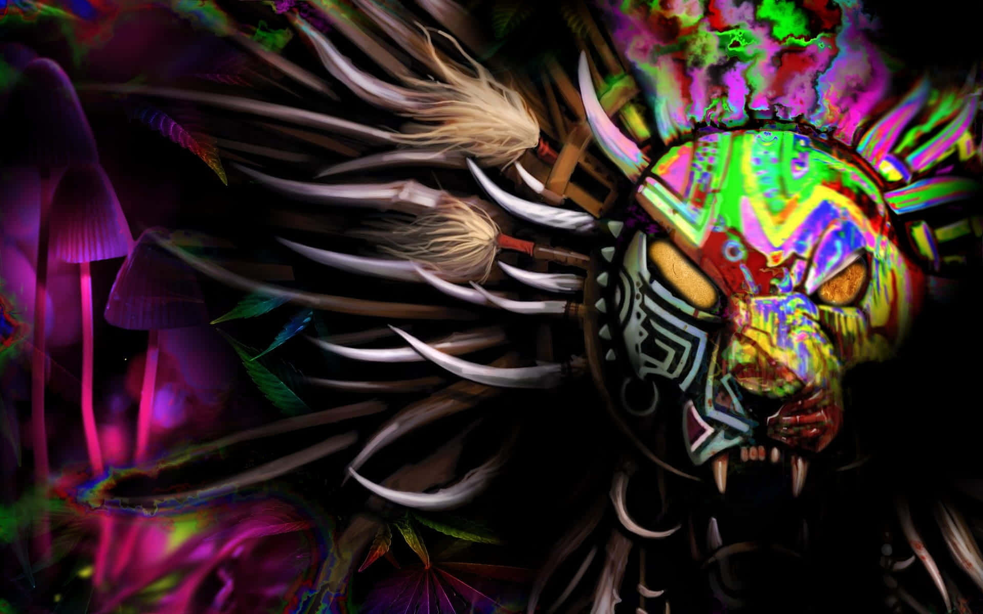 Trippy Animals 桌布 壁紙 — 一個充滿活力的數位藝術面具，帶有發光的霓虹色彩和羽毛頭飾，置於黑暗迷幻背景前。