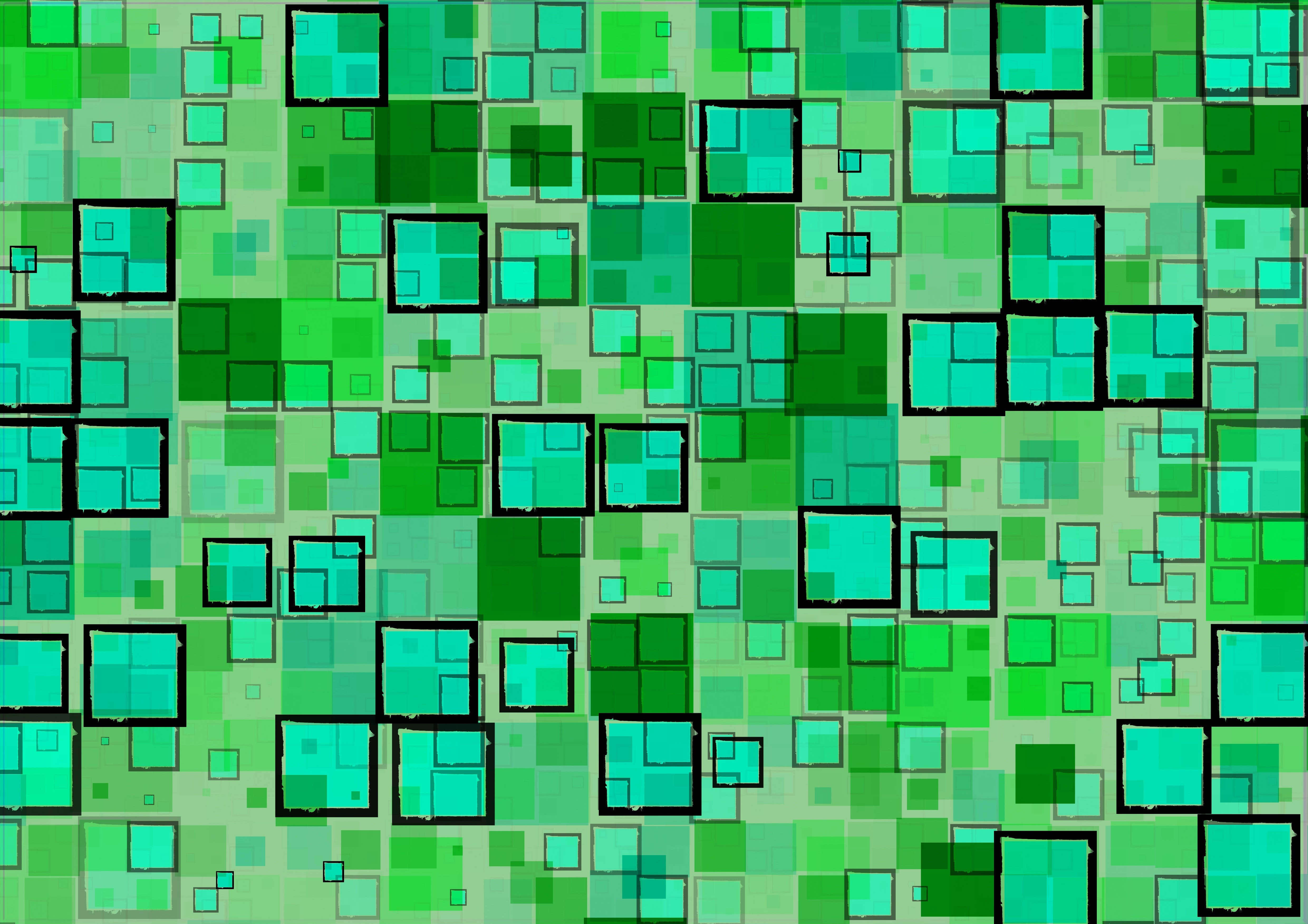 Green Geometric 桌布 壁紙 — 一個充滿活力的數碼圖案，由重疊的綠色正方形和黑色輪廓組成，營造出動態的馬賽克效果。