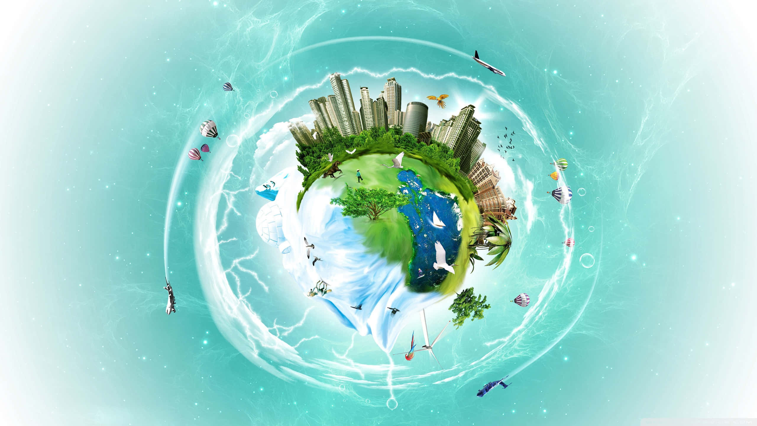 Global 桌布 壁紙 — 一個充滿活力的數碼地球儀，展示城市摩天大樓、綠色森林和藍色海洋，周圍環繞著旋轉的能量和飛翔的風箏。