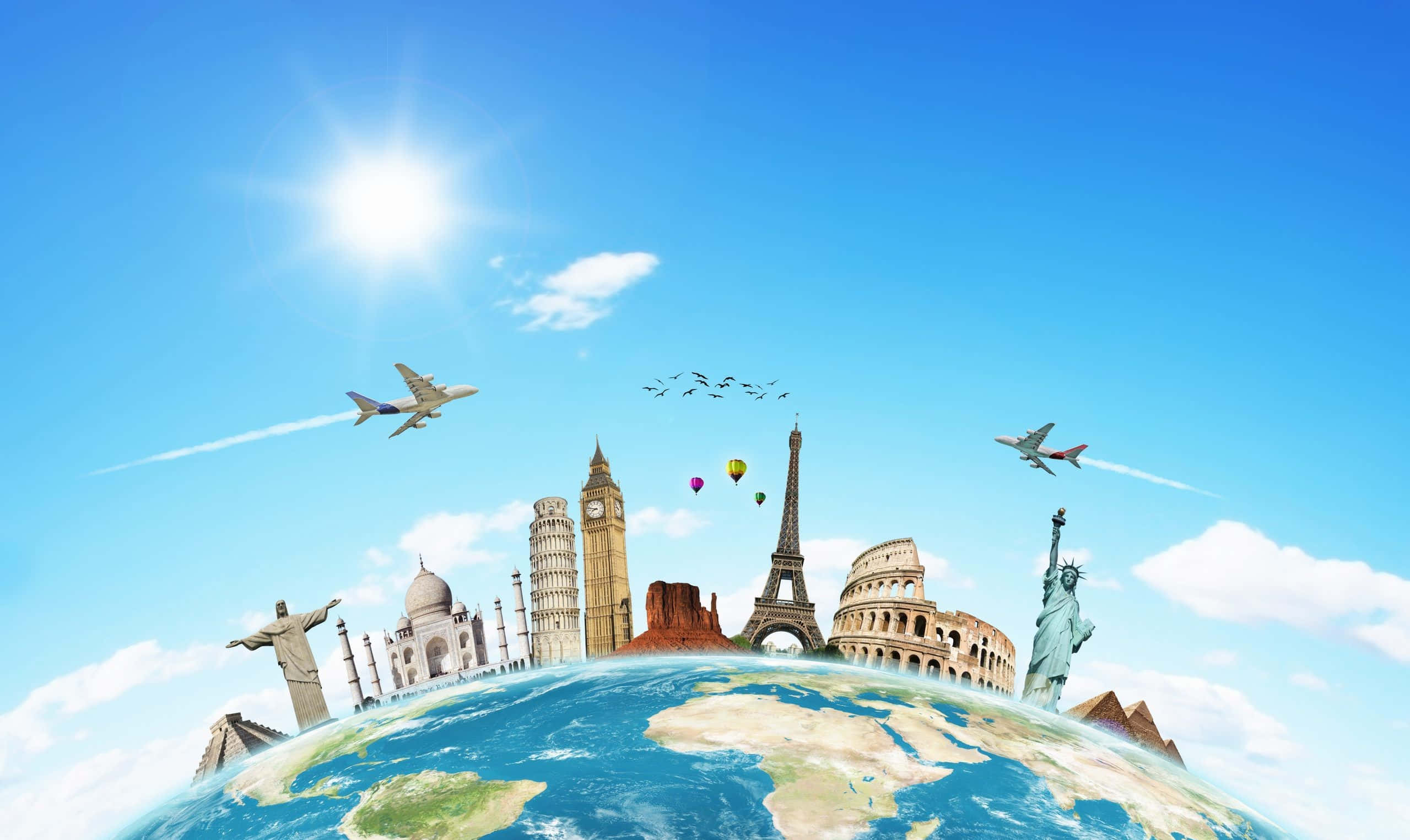 3d Travel 桌布 壁紙 — 一個充滿活力的數碼地球儀展示了標誌性的全球地標，在明亮的陽光天空下，飛機和熱氣球在頭頂飛翔。