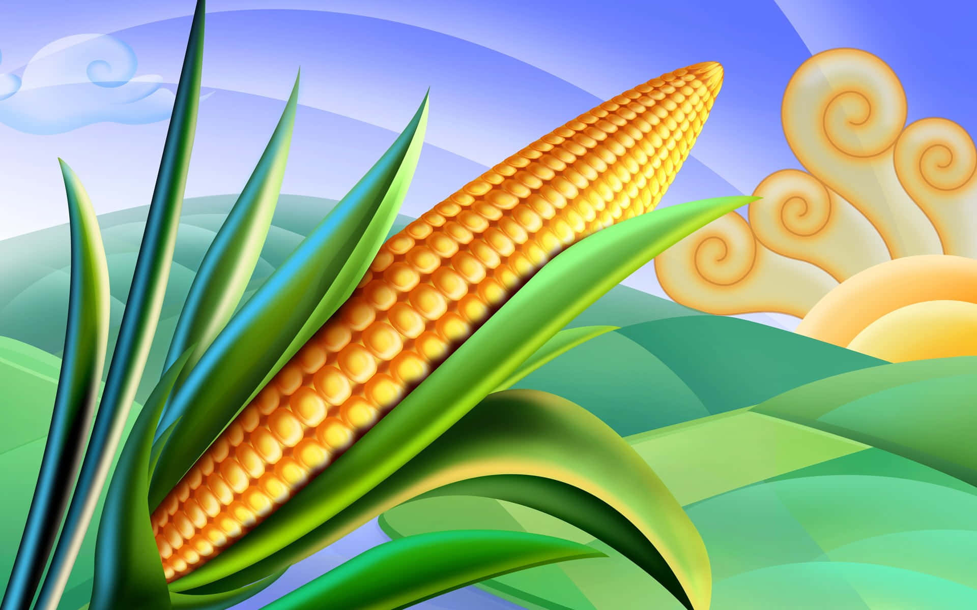 Yellow Corn 桌布 壁紙 — 一個充滿活力的數碼插圖，描繪了一個金色的玉米棒，藏在茂密的綠葉中，背景是風格化的藍天和旋轉的雲朵。