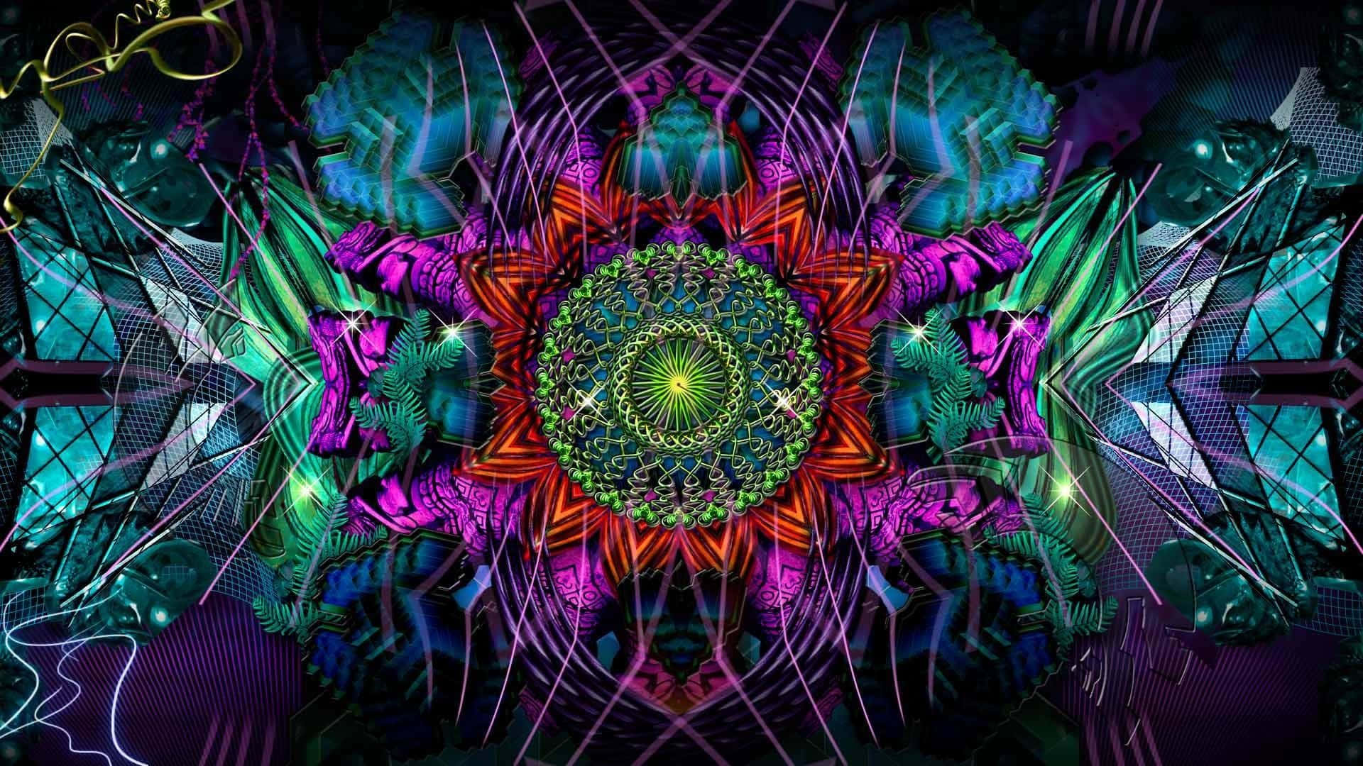Psychedelic 3d Art 桌布 壁紙 — 一個充滿活力的數碼曼陀羅在深色背景上散發出霓虹綠、紫色和青綠色的分形圖案。