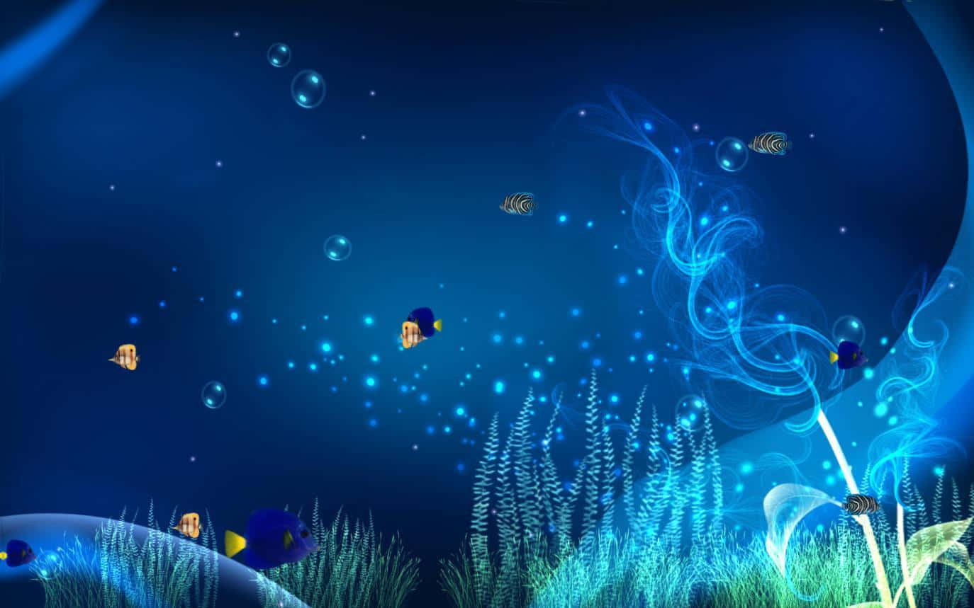 互動 桌布 壁紙 — 一個充滿活力的數碼海底場景，發光的藍色魚在發光的珊瑚和漂浮的氣泡之間游動，背景是深藍色海洋。