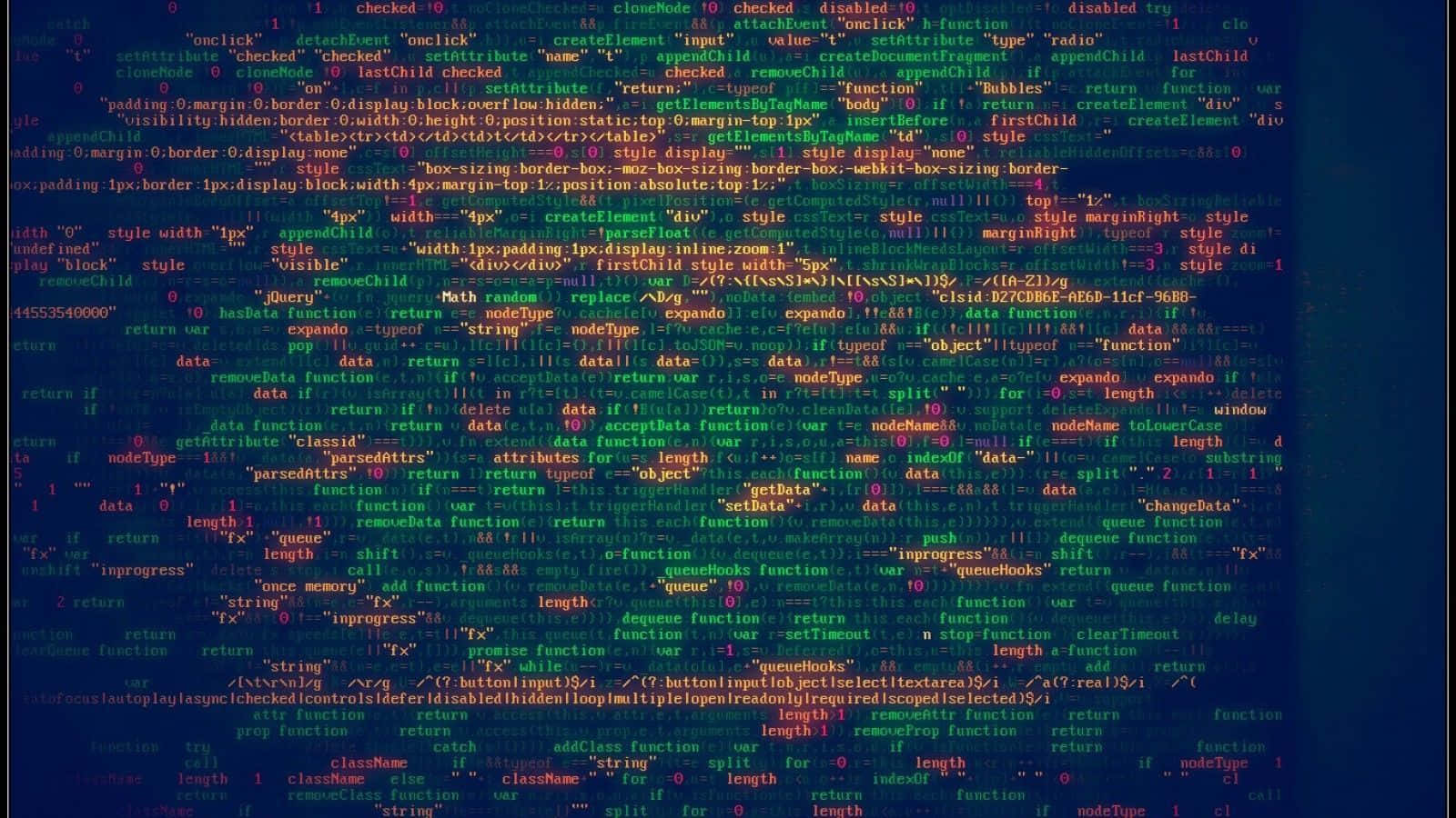 「 literally writing code with a smile」 壁紙 — 一個充滿活力的數碼牆紙，顯示在深色背景上以電藍色和紫色色調發光的代碼級聯線條。