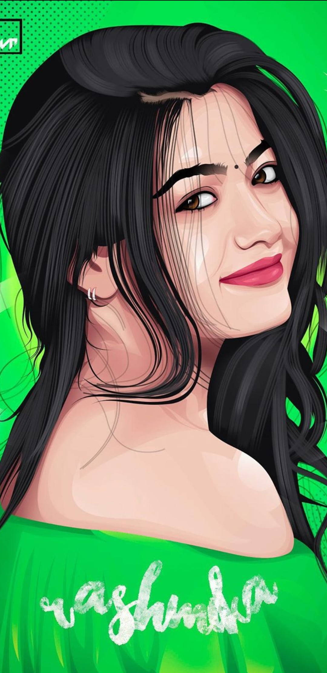 telugu 桌布 壁紙 — 一個充滿活力的數碼肖像，描繪一位擁有長黑髮和紅唇的女性，在明亮的綠色背景前微笑。