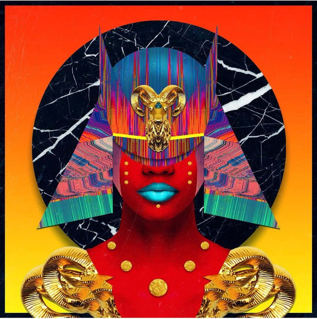 Afrofuturism 桌布 壁紙 — 一個充滿活力的數碼肖像，描繪一位紅皮膚、藍嘴唇的女性，戴著金色公羊頭飾，背景是黑色大理石圓圈和橙黃漸變底色。