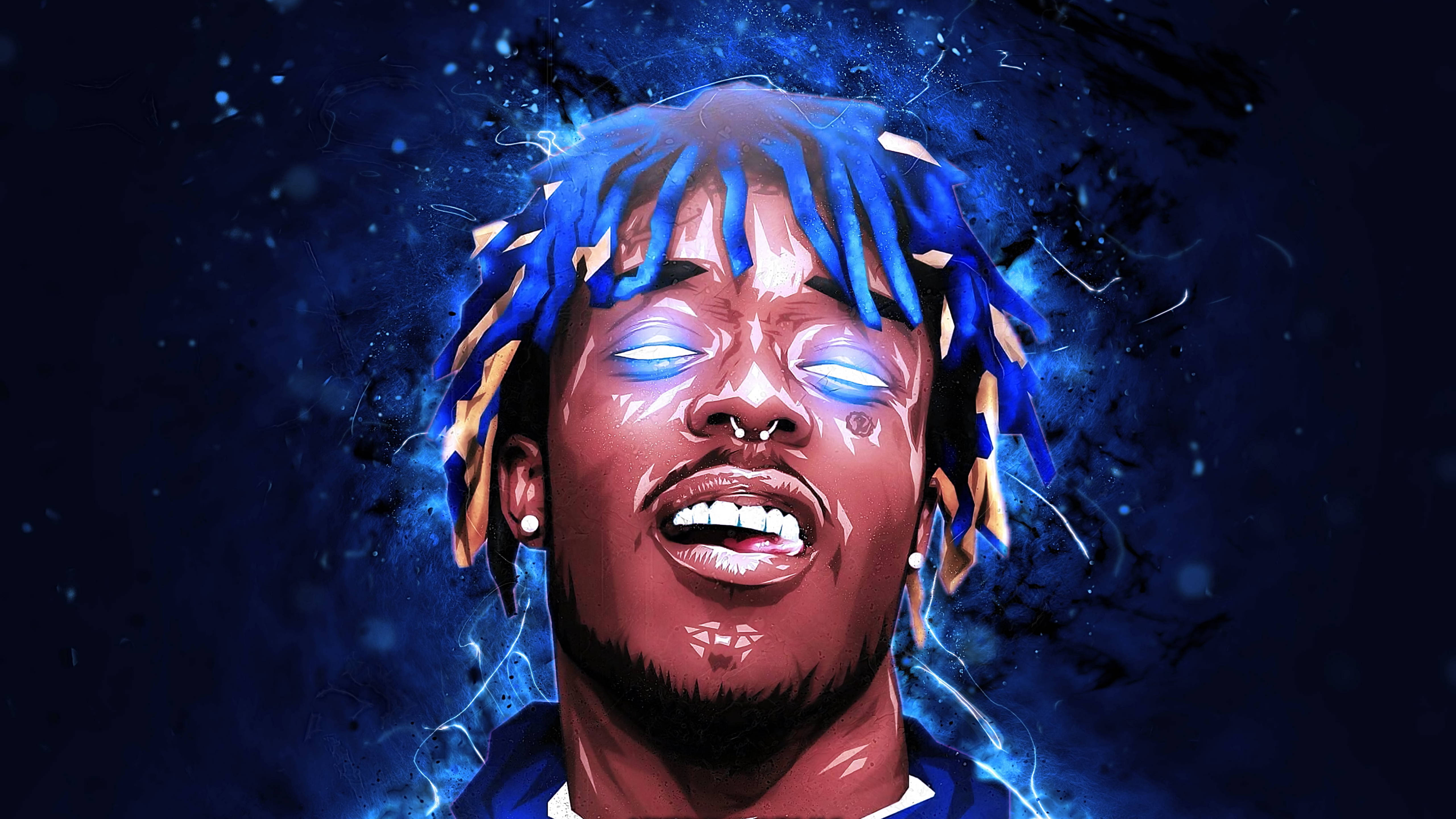 桌布 壁紙 — 一個充滿活力的數碼肖像，描繪一名男子擁有藍色發光的辮子，眼睛散發出電能，背景是宇宙深藍色。