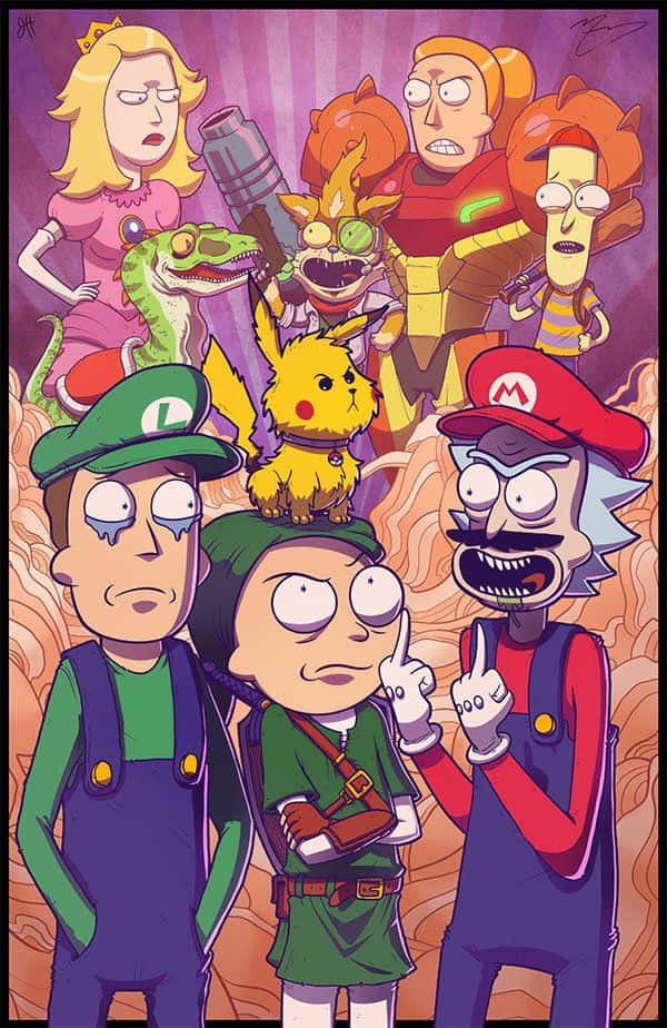 Squanchy 桌布 壁紙 — 一個充滿活力的數碼藝術跨界作品， featuring Rick Sanchez 和 Morty Smith 以及 Mario Luigi 和 Pikachu 在一個混亂的動漫風格群體肖像中。