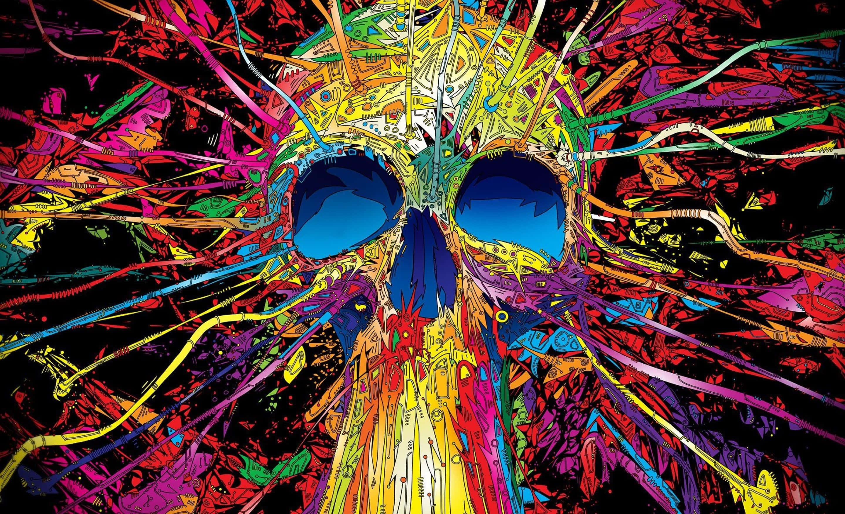 Psychedelic 3d Art 桌布 壁紙 — 一個充滿活力的數碼藝術頭骨，帶有從眼窩放射出的爆炸性多色線條和圖案，背景為黑色。