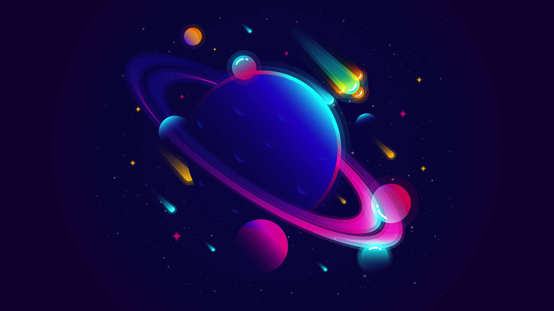 一個發光的行星，帶有色彩繽紛的光環和流星，在星空的太空場景中。