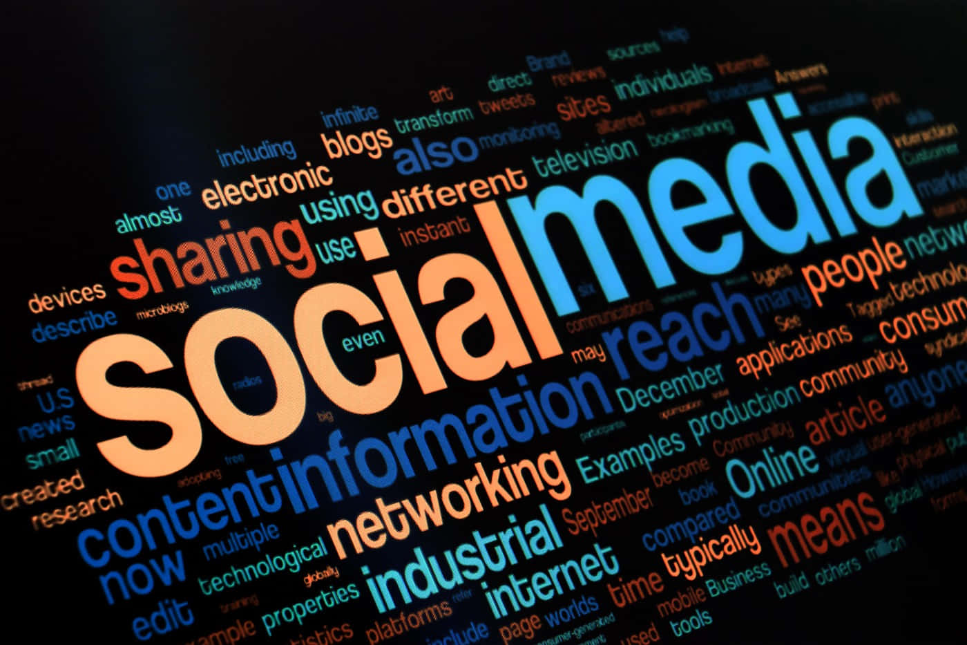 Social Media Logos 桌布 壁紙 — 一個充滿活力的文字雲在深色屏幕上，以大型橙色和藍色字母顯示「社交媒體」，周圍環繞著相關術語。