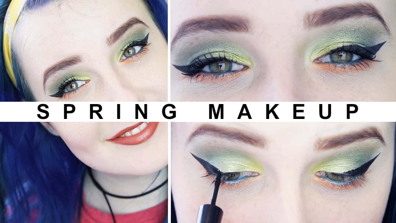 Spring Makeup 桌布 壁紙 — 一個充滿活力的春季化妝教學，展示藍髮模特兒大膽的綠色眼影和銳利的黑色飛翹眼線。