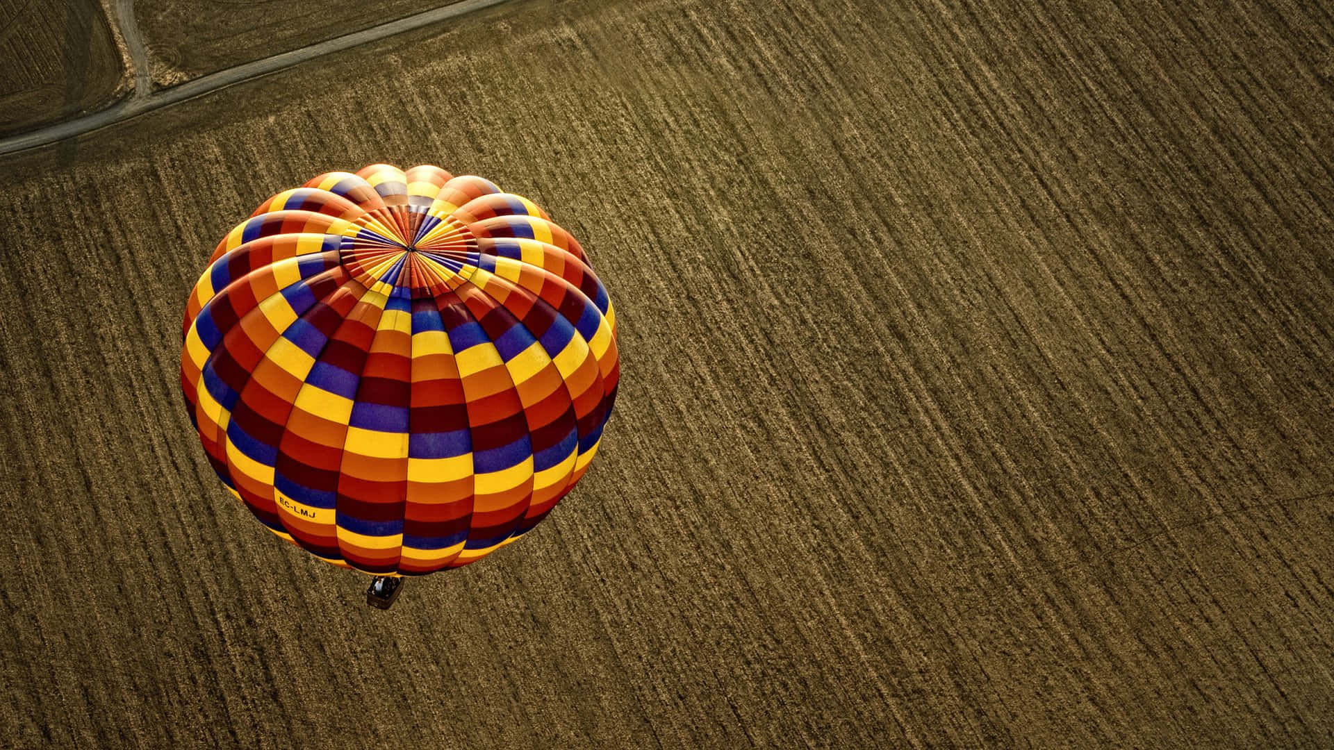 Hot Air Balloon 桌布 壁紙 — 一個充滿活力的格紋熱氣球漂浮在晴朗天空下、紋理豐富的棕色田野上方。