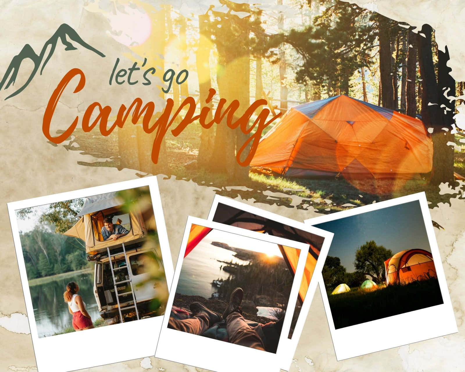 Camp 桌布 壁紙 — 一個充滿活力的橙色帳篷在陽光斑駁的森林中發光，三張寶麗來照片捕捉了露營者在湖邊、露營車內和星空下放鬆的場景。