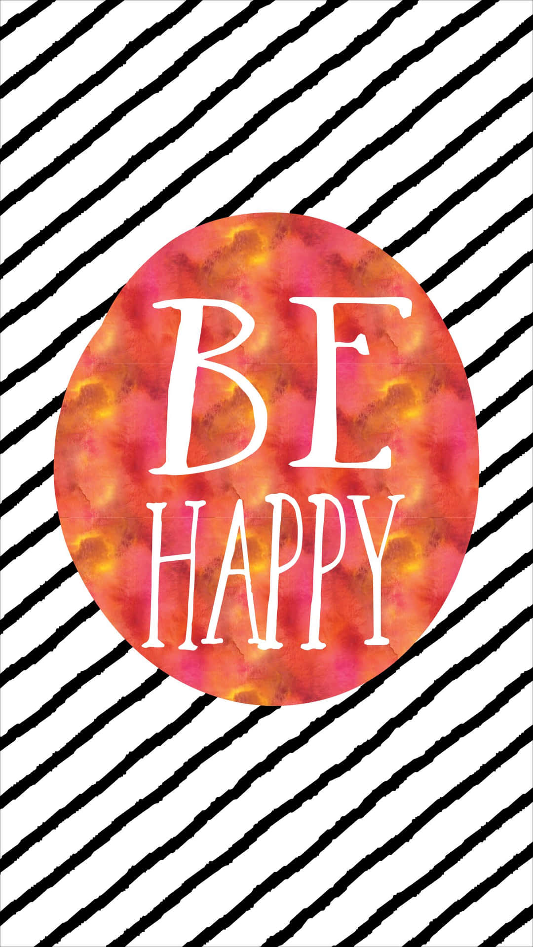 Happy iPhone 桌布 壁紙 — 一個充滿活力的水彩圓圈，上面有「BE HAPPY」字樣，漂浮在醒目的黑白對角條紋背景上。