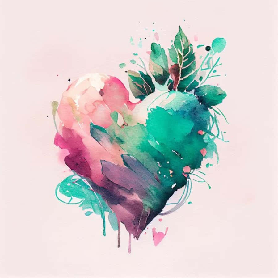 Heart Art 桌布 壁紙 — 一個充滿活力的水彩心形，混合粉紅色和藍綠色，帶有綠色葉子和顏料滴落在柔和的粉紅色背景上。
