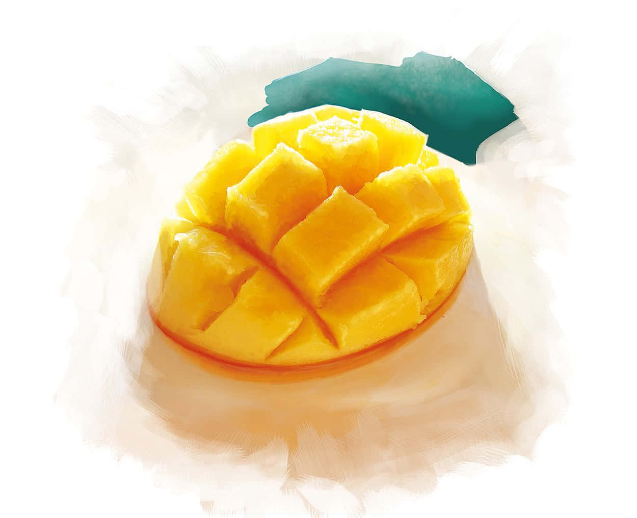Blue Mango 桌布 壁紙 — 一個充滿活力的水彩插圖，描繪了一片切開的芒果，帶有多汁的黃色果肉和一片綠葉，背景是柔和的白色。