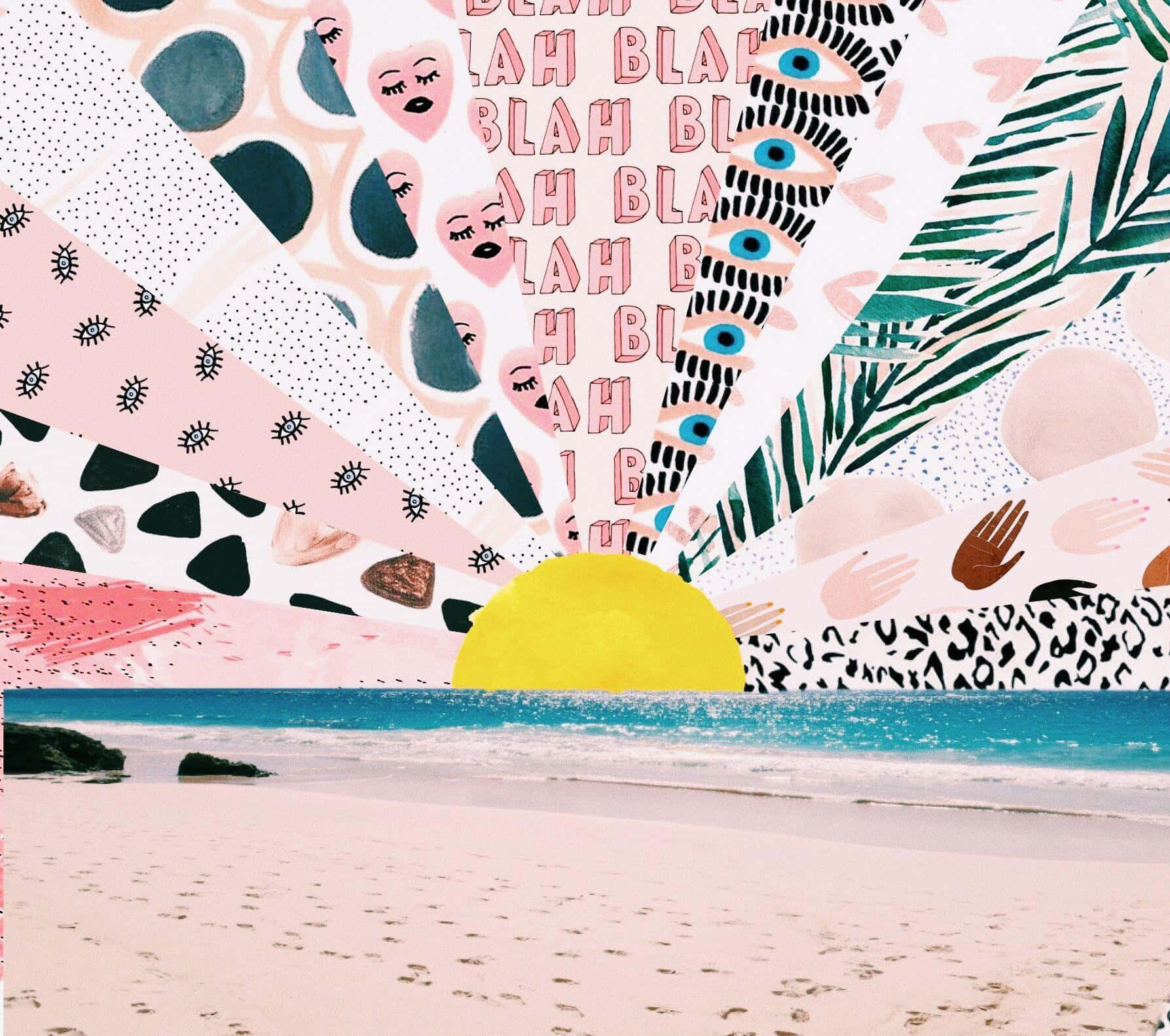 Aesthetic Vsco 桌布 壁紙 — 一個充滿活力的海灘日落，黃色的太陽在碧綠的海水和粉紅色的沙灘上，由心形、眼睛和棕櫚葉組成的彩色抽象圖案框住。