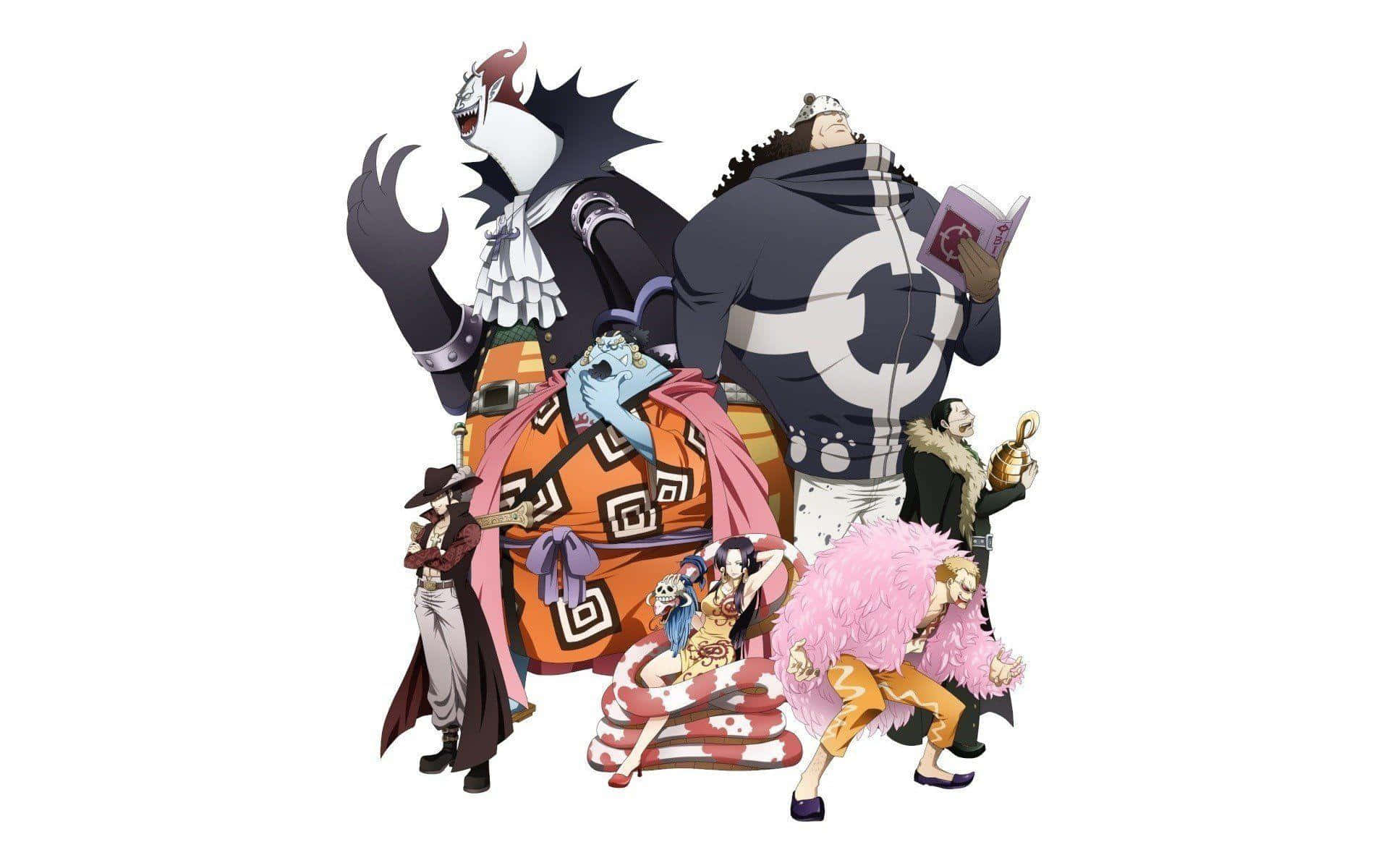 gecko moria 桌布 壁紙 — 一個充滿活力的海盜動漫團體，穿著獨特的服裝並擺出姿勢，背景為純白色。