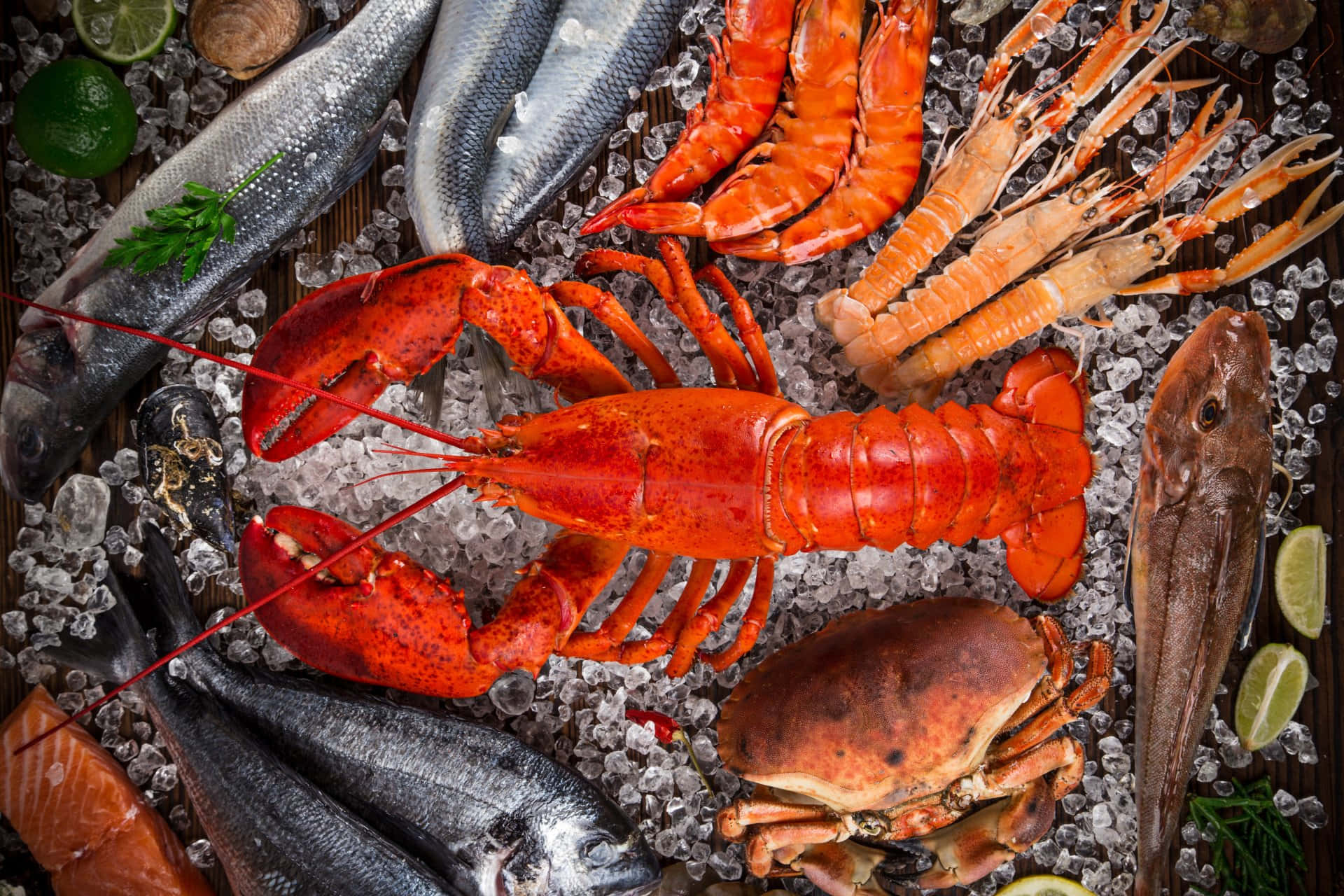 Seafood 桌布 壁紙 — 一個充滿活力的海鮮拼盤， featuring 鮮紅色的龍蝦、蟹、蝦和魚，放在碎冰上，配以青檸和香草。