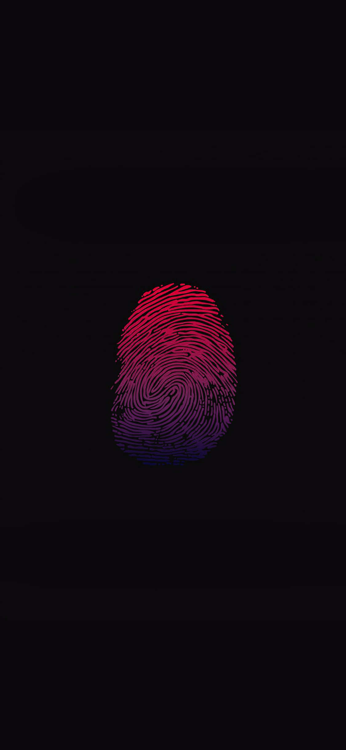 Touch Id 桌布 壁紙 — 一個充滿活力的漸變紅色和紫色指紋在純黑色背景上發光。
