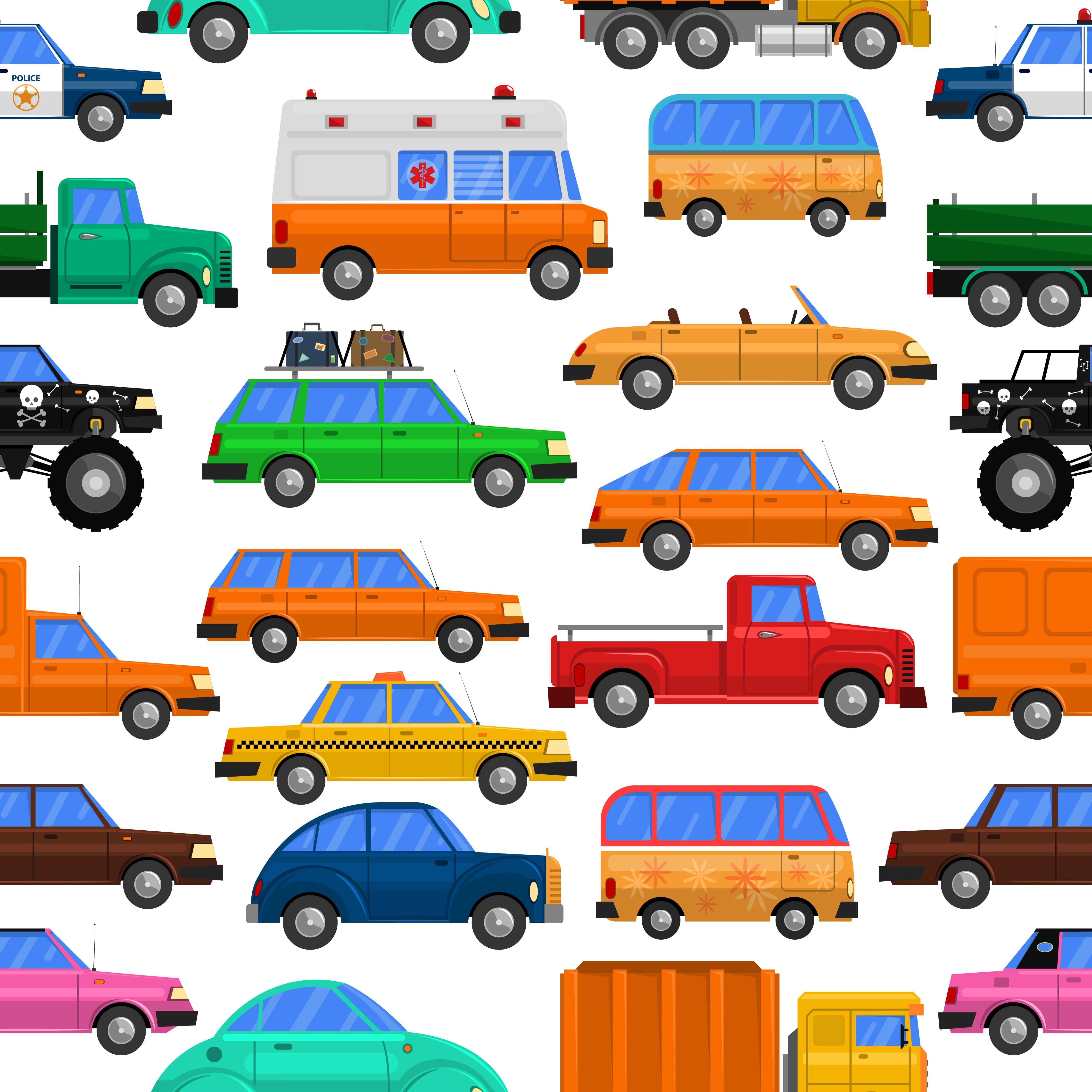 Car Pattern 桌布 壁紙 — 一個充滿活力的無縫圖案，包含色彩繽紛的卡通車輛，包括的士、救護車和貨車，以重複網格排列。