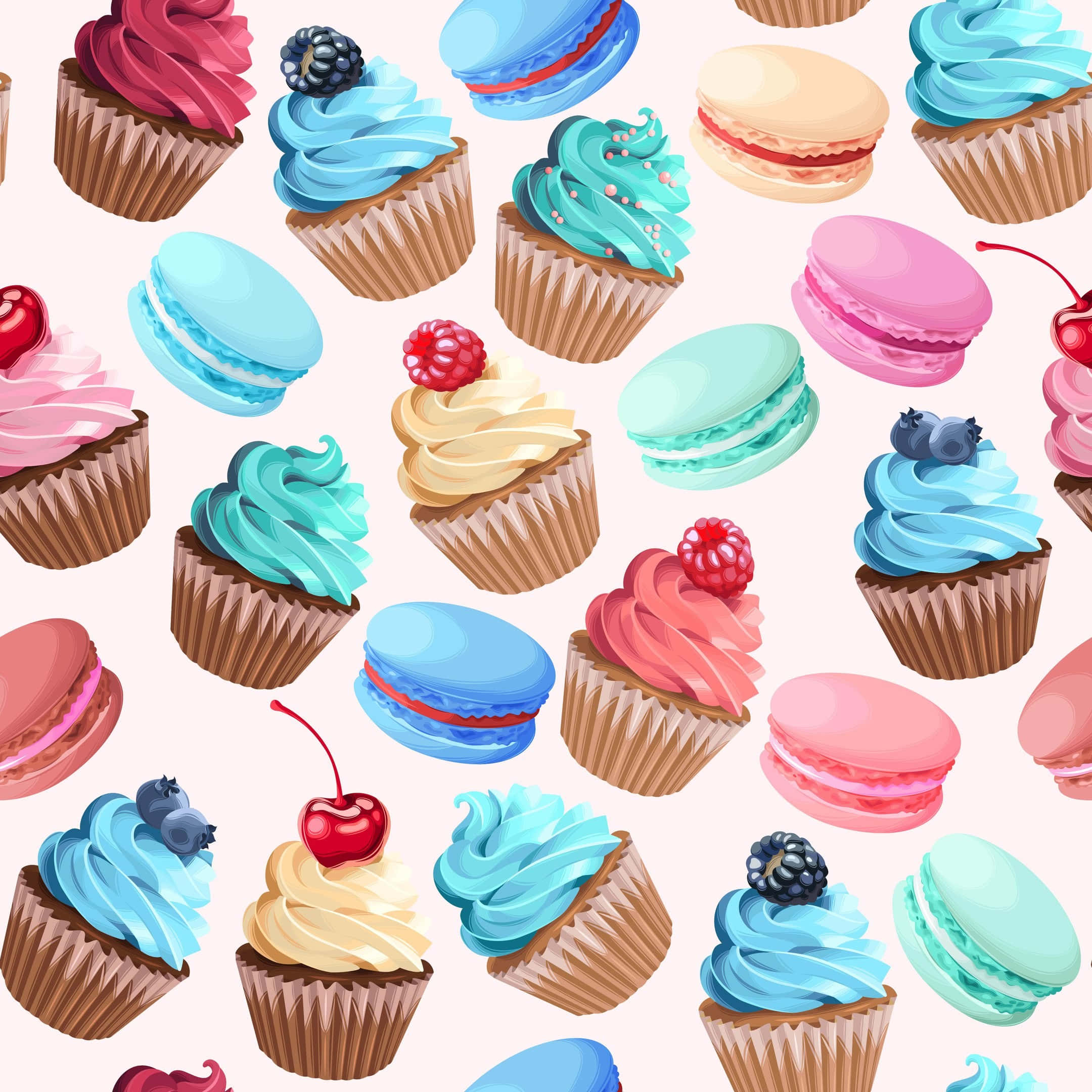 Cute Dessert 桌布 壁紙 — 一個充滿活力的無縫圖案，在柔和的粉紅色背景上，有色彩繽紛的杯子蛋糕和馬卡龍，上面放有莓果和櫻桃。
