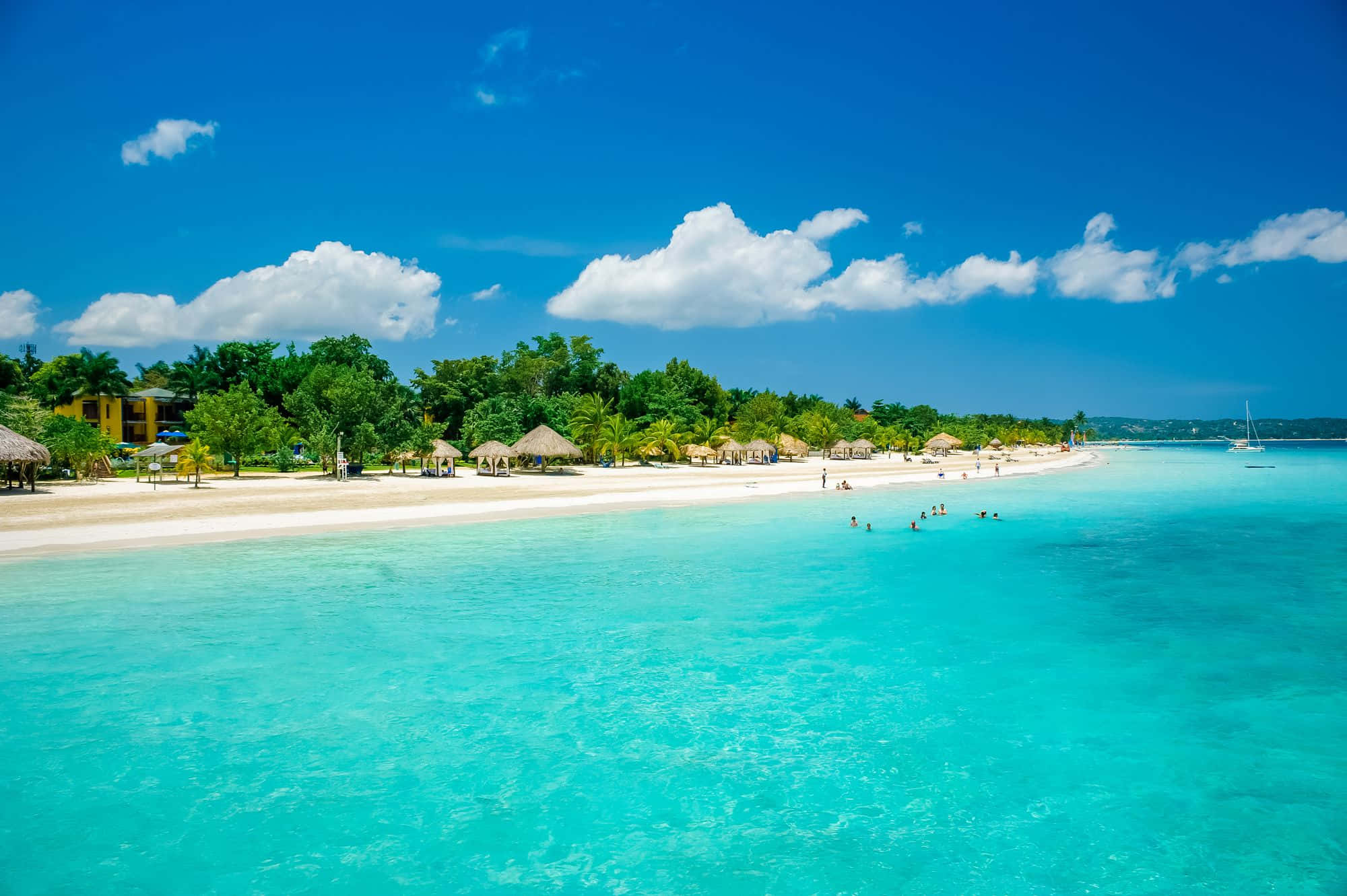 Jamaica 桌布 壁紙 — 一個充滿活力的熱帶海灘，擁有碧綠的海水、白色沙灘、茂密的綠色植物，以及在明亮藍天下豎立的茅草傘。