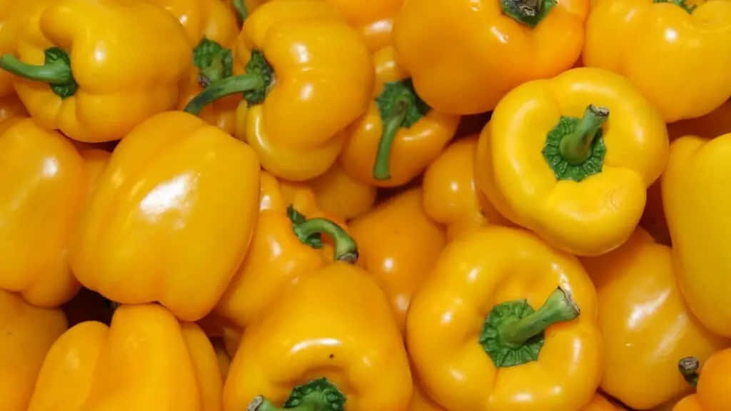 Yellow Bell Pepper 桌布 壁紙 — 一個充滿活力的特寫，展示了帶有綠色莖的亮黃色甜椒堆疊在一起。