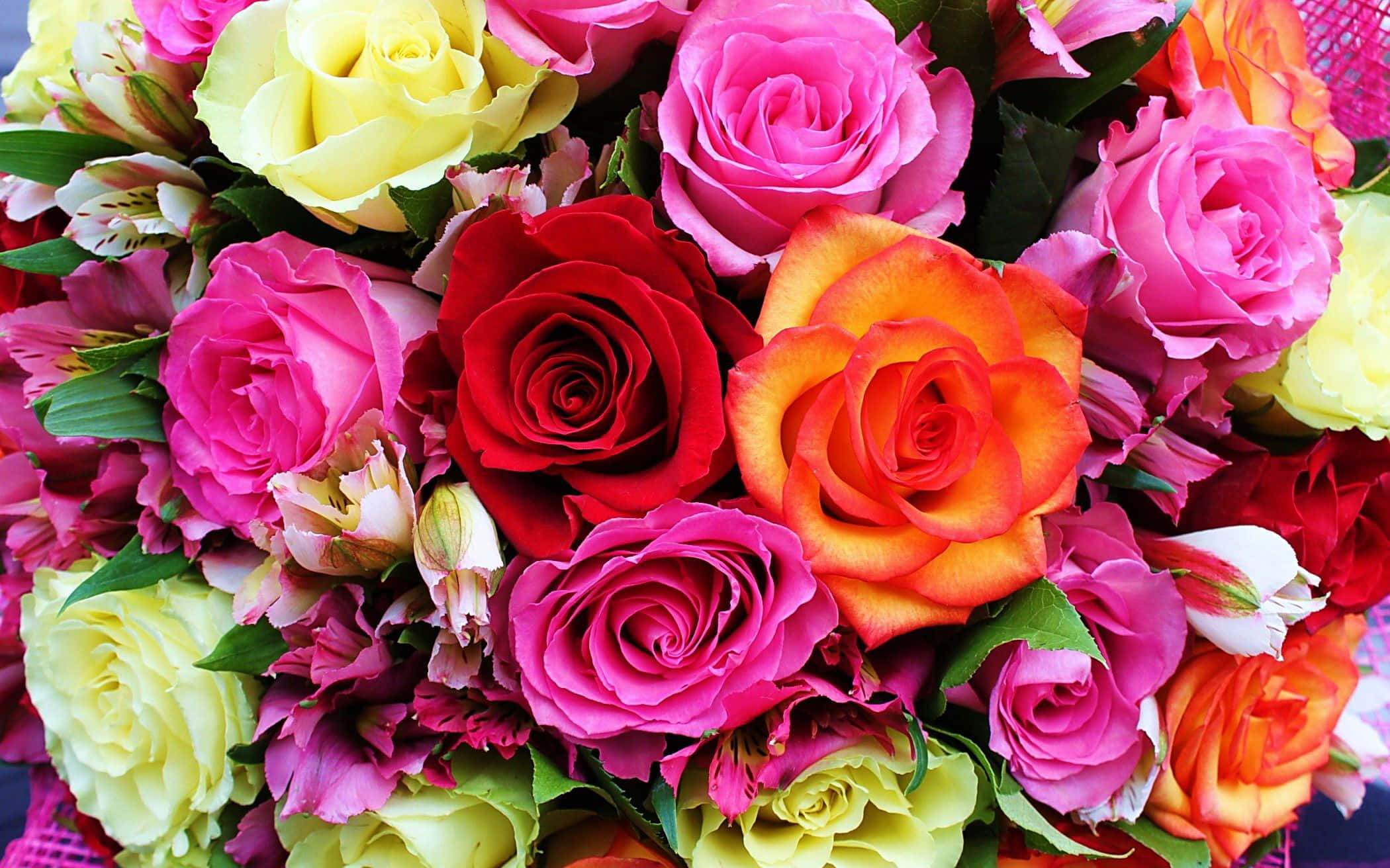 Colorful Flowers 桌布 壁紙 — 一個充滿活力的特寫鏡頭，展示了一個茂盛的花束，其中有鮮豔的粉紅色、紅色、黃色和橙色玫瑰，以及茂密的綠葉。