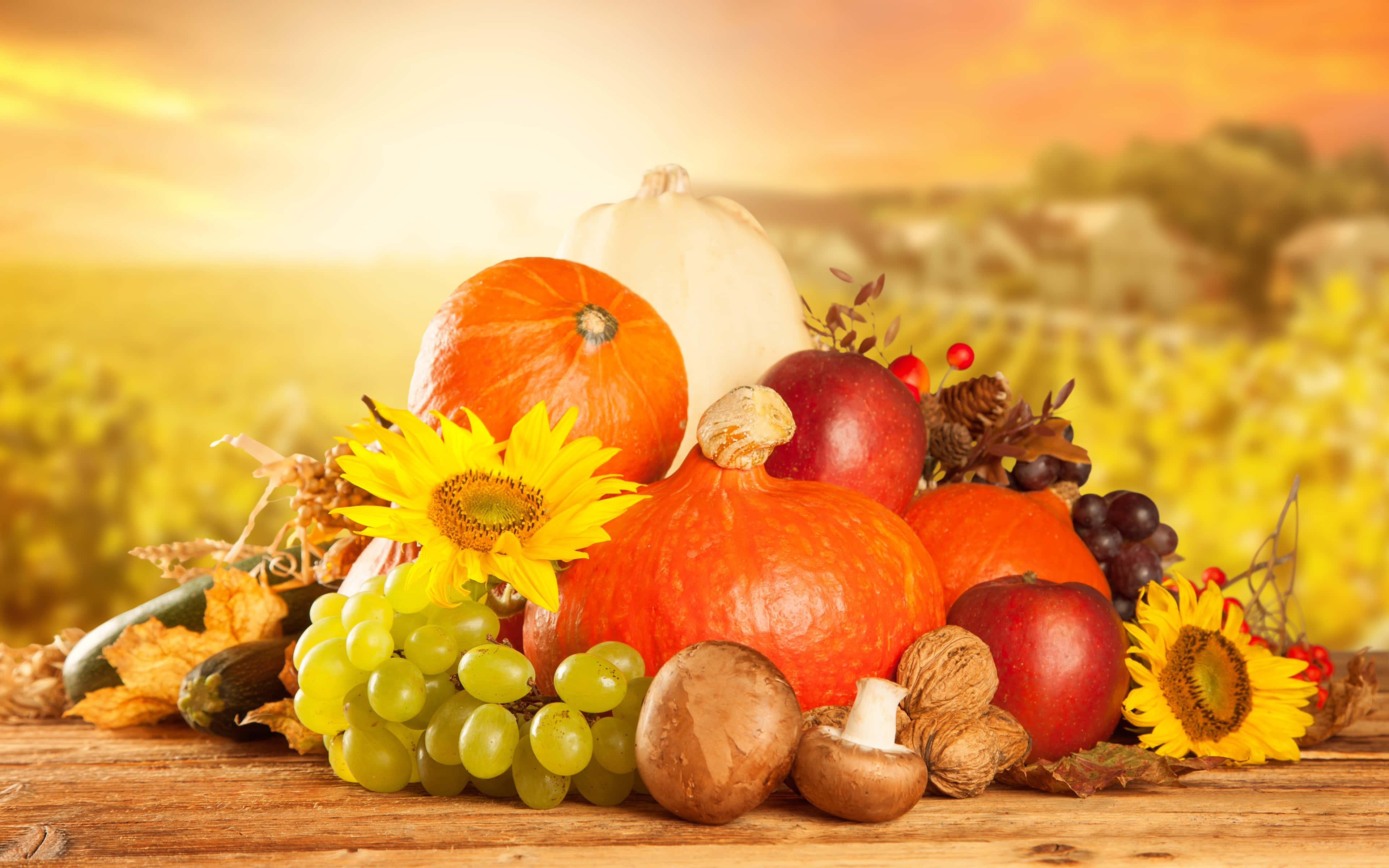 Autumn Food 桌布 壁紙 — 一個充滿活力的秋季豐收擺設，包括南瓜、葡萄、蘋果和向日葵，放置在質樸的木桌上，背景是金色的日落葡萄園。