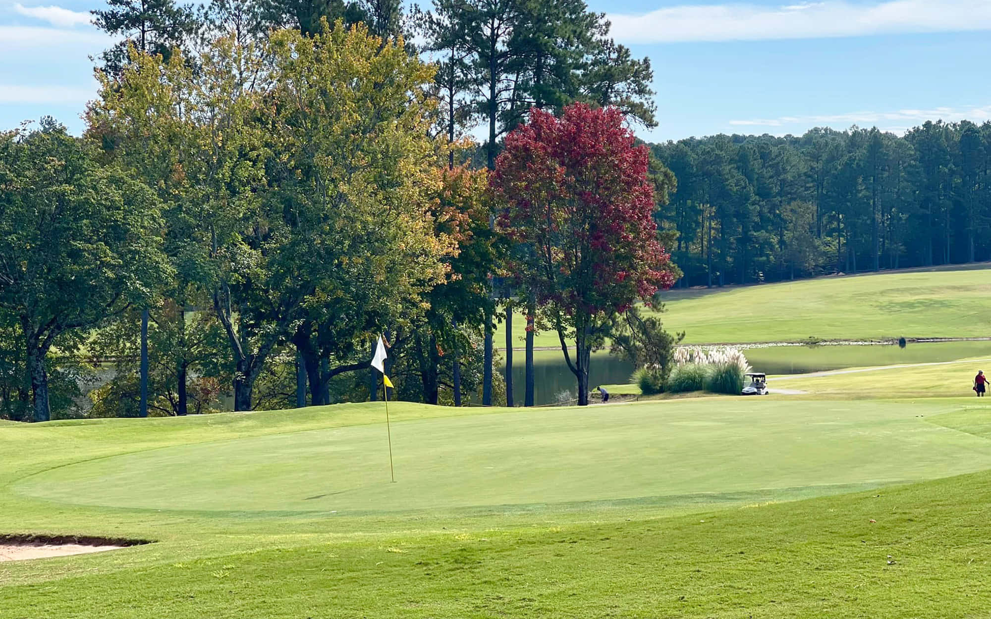 Golf Green 桌布 壁紙 — 一個充滿活力的秋季高爾夫球場，一位孤獨的高爾夫球手正接近一個由色彩繽紛的樹木和寧靜池塘環繞的果嶺。