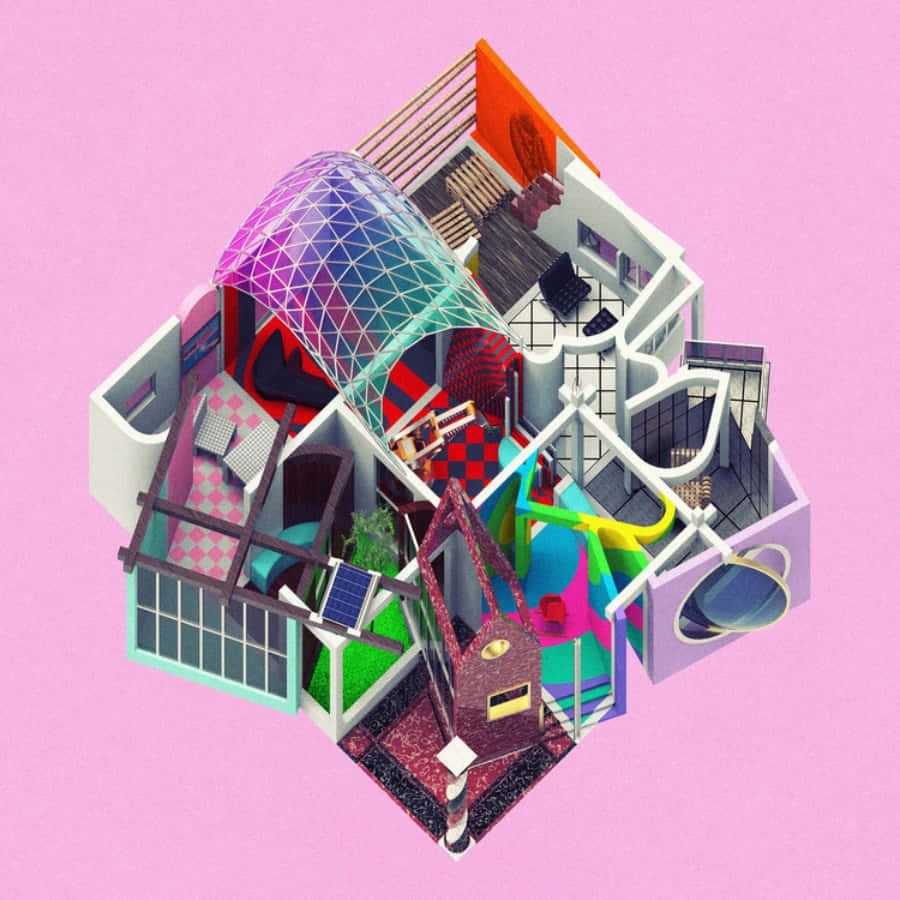 Postmodernism 桌布 壁紙 — 一個充滿活力的等距剖面圖，展示未來主義房屋內色彩繽紛的房間和幾何建築，背景為粉紅色。