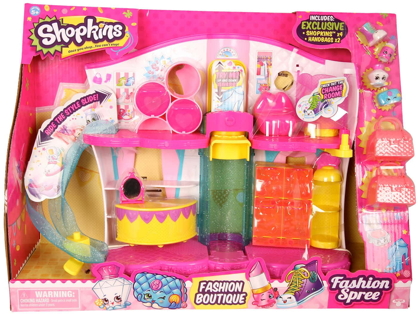 Shopkins 桌布 壁紙 — 一個充滿活力的粉紅色Shopkins Fashion Boutique玩具套裝，配有閃亮配件和一個風格滑梯供玩具角色使用。