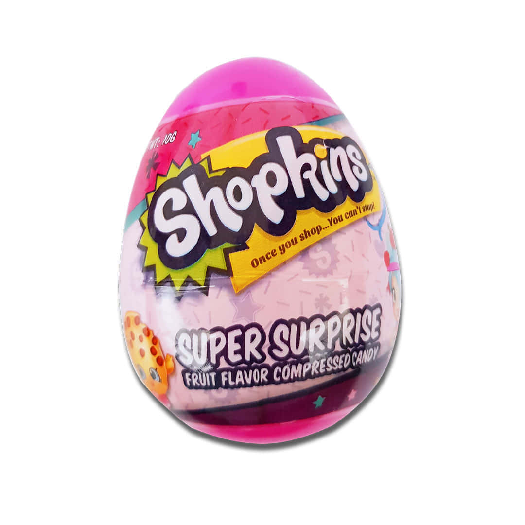 Shopkins 桌布 壁紙 — 一個充滿活力的粉紅色Shopkins Super Surprise蛋，內含水果味壓縮糖果，置於潔白背景上。