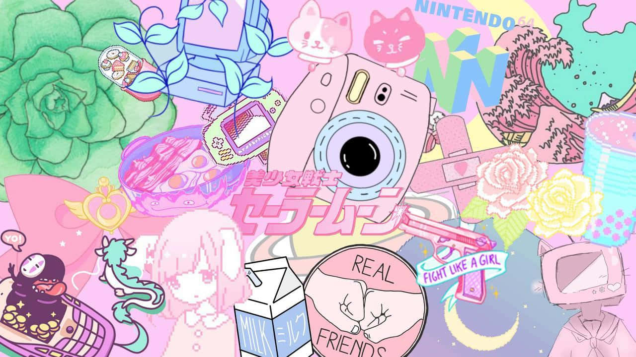 Pink Kawaii 桌布 壁紙 — 一個充滿活力的粉紅色動漫拼貼畫，包含相機、玫瑰、遊戲圖標和可愛角色，風格玩味混亂。